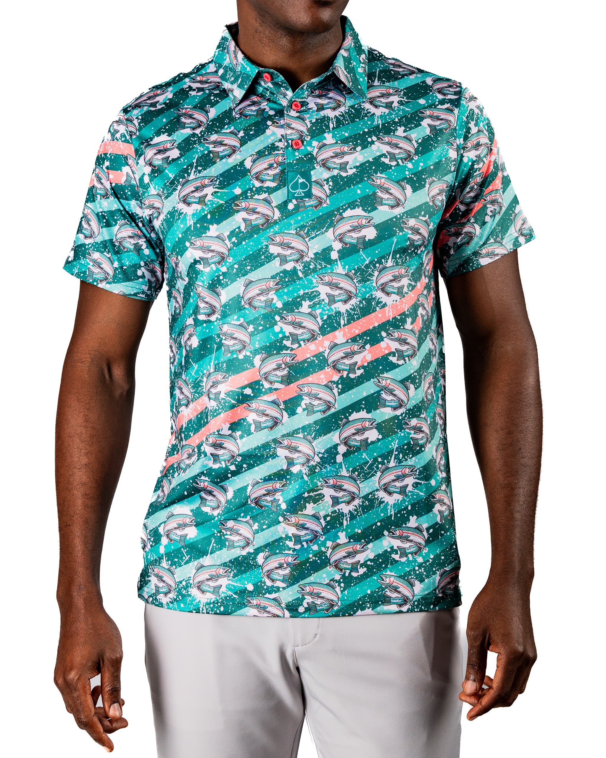Men's short-sleeve golf shirt featuring a vibrant trout splatter design in teal and coral colors, perfect for bold golfers.
