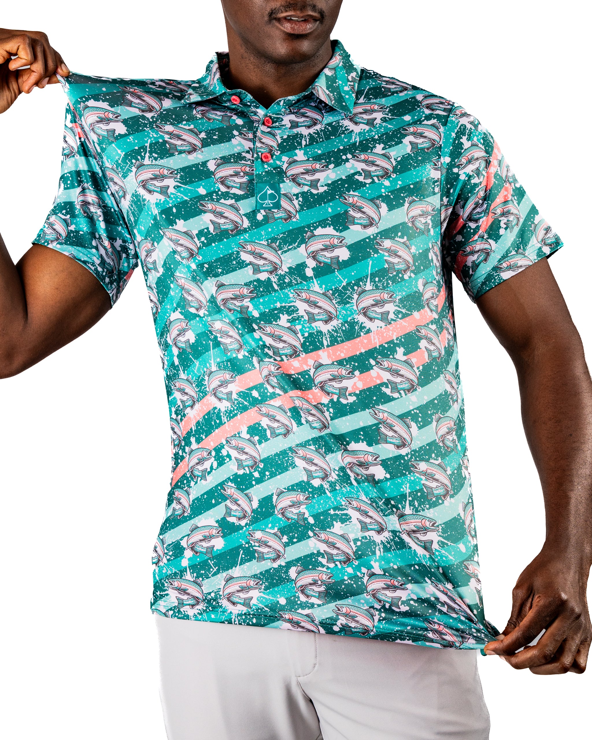 Men's golf polo featuring a vibrant trout splatter design with bold colors, perfect for making a statement on the course.