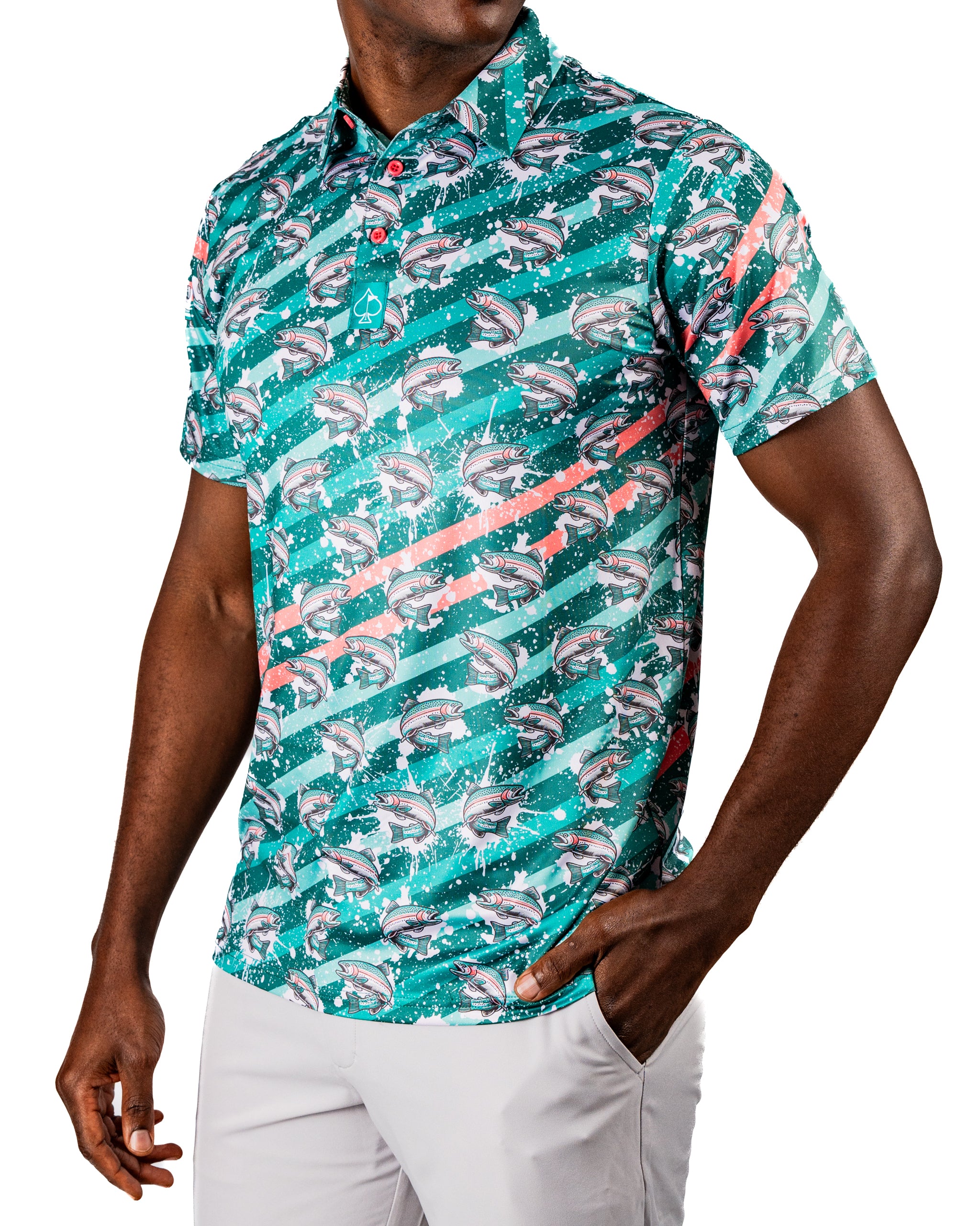 Bold golf polo featuring a vibrant trout splatter design in teal and coral, perfect for making a statement on the course.