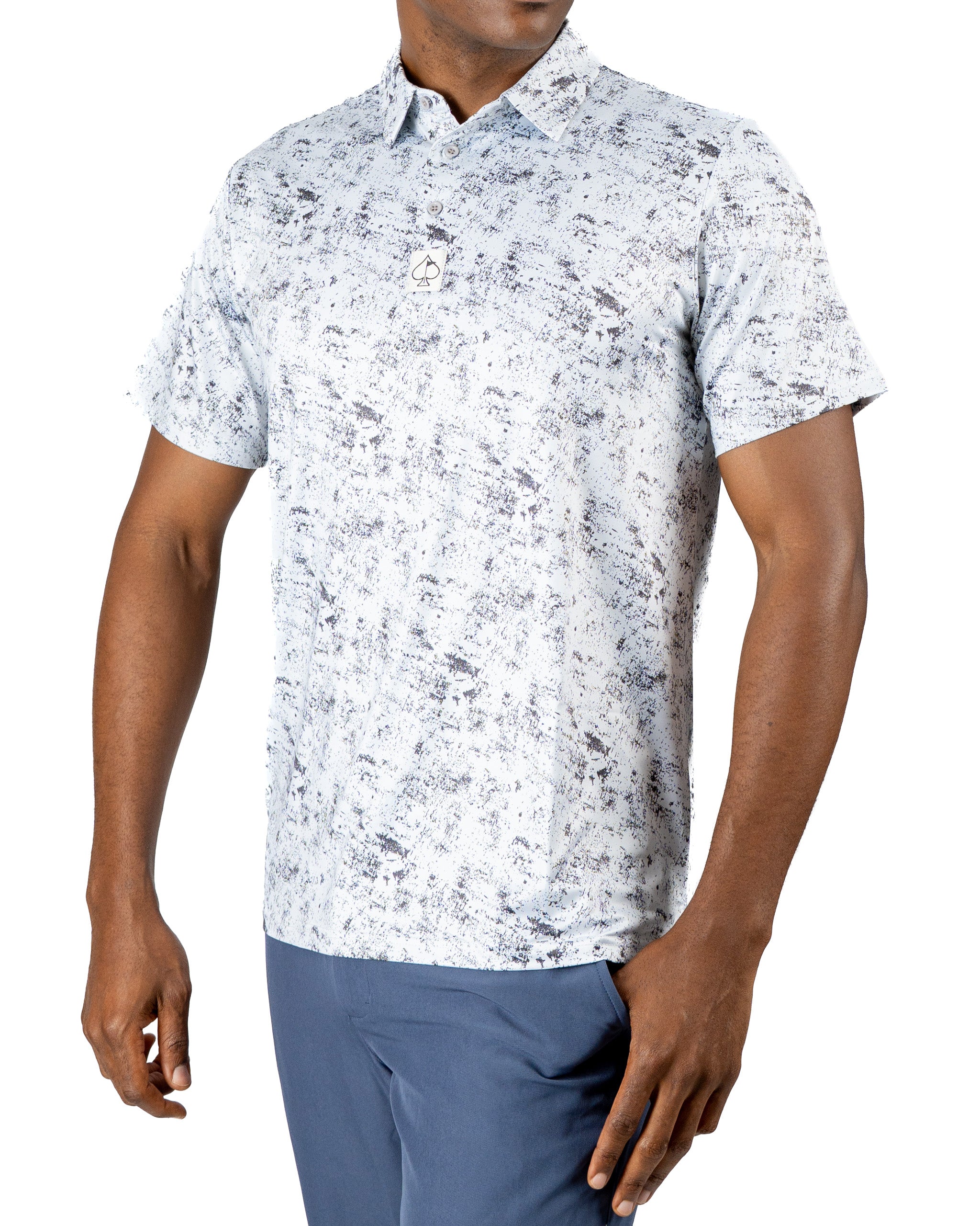 Men's short-sleeve golf shirt in a white and gray abstract pattern, designed for comfort and style on the course.