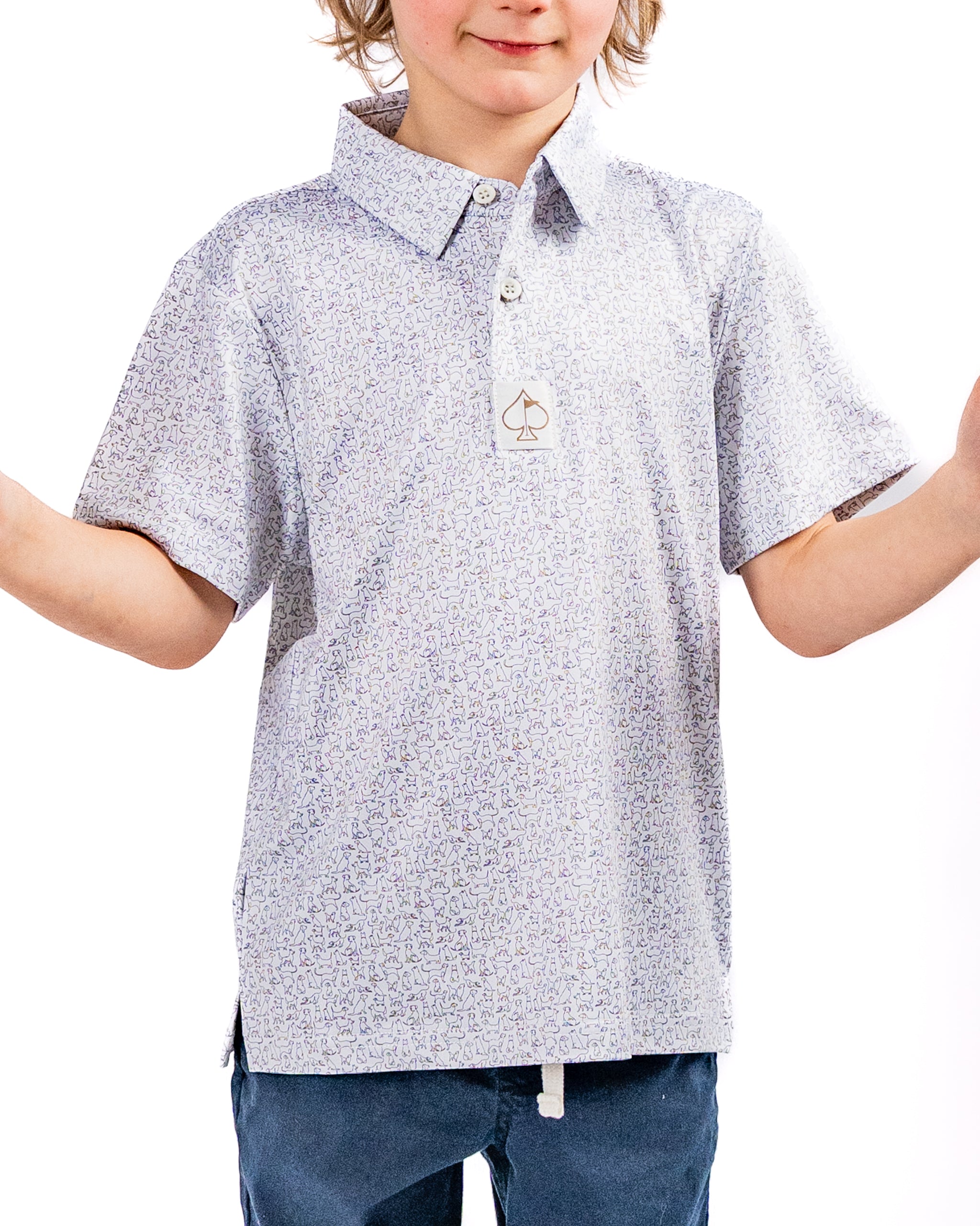 Youth Best Friend Light golf shirt featuring a playful pattern, short sleeves, and a classic collar for stylish comfort on the course.