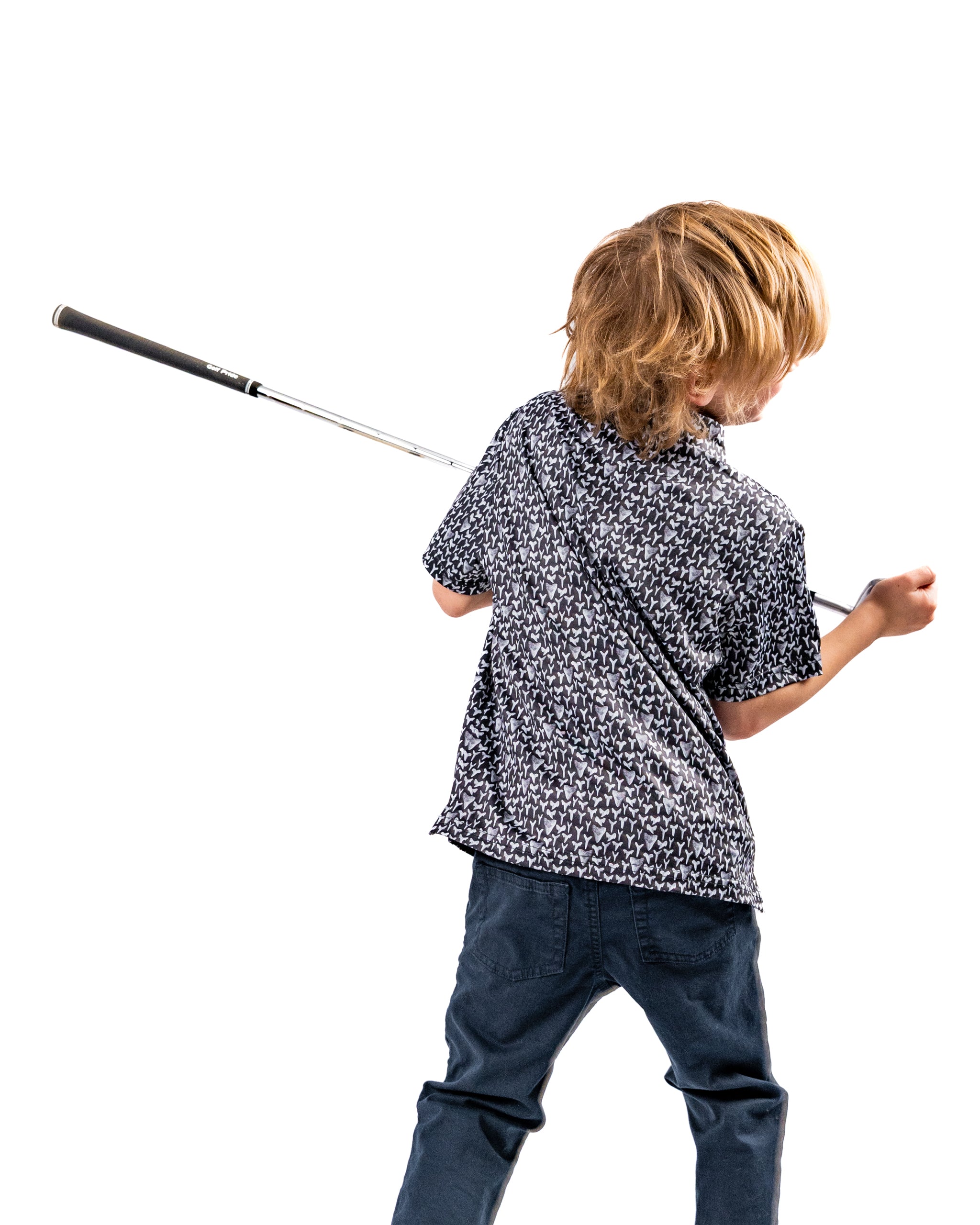 Youth Shark Tooth golf shirt featuring a playful shark pattern, perfect for young golfers looking to stand out on the course.