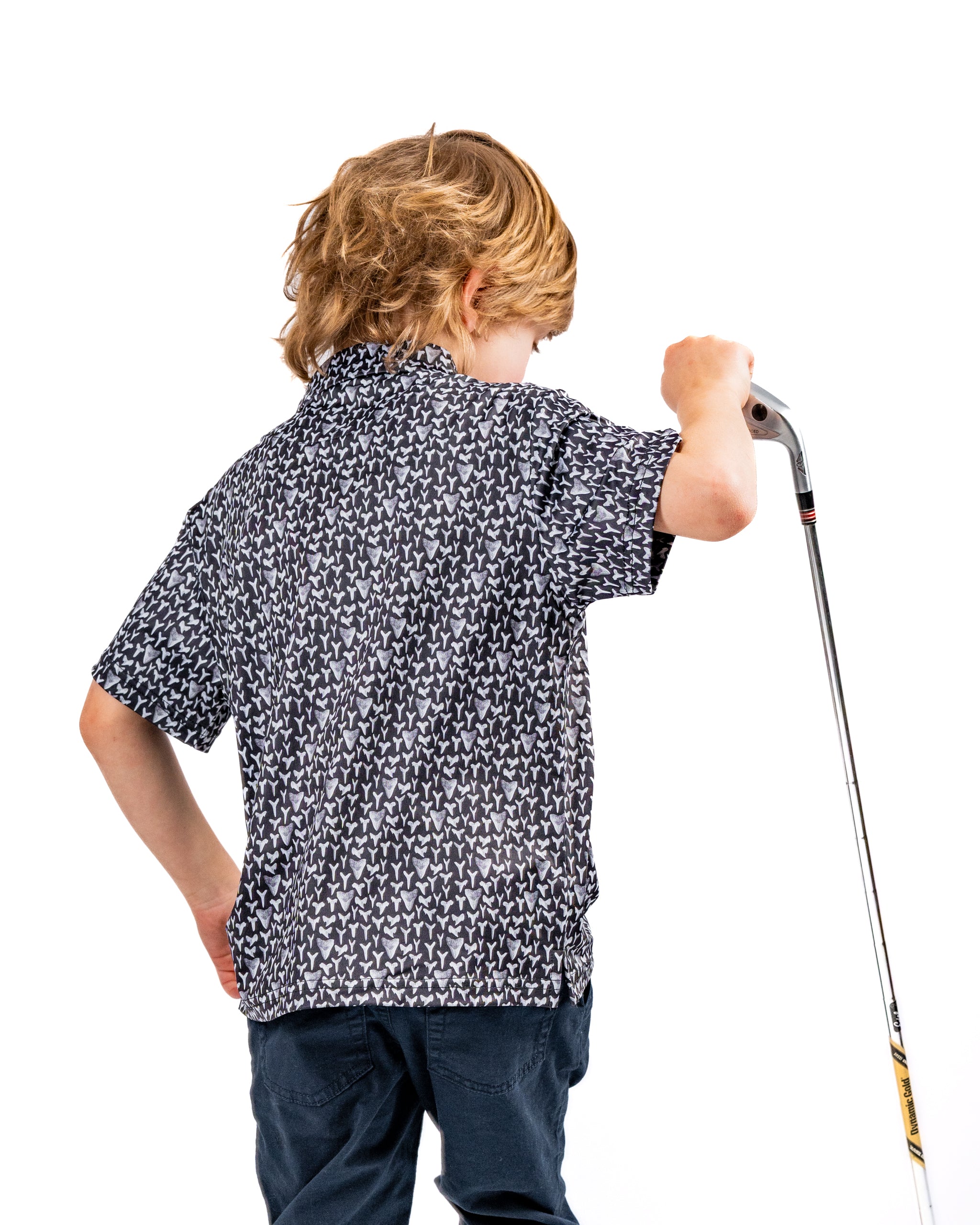 Youth Shark Tooth golf shirt featuring a playful shark tooth pattern, perfect for stylish young golfers on the course.