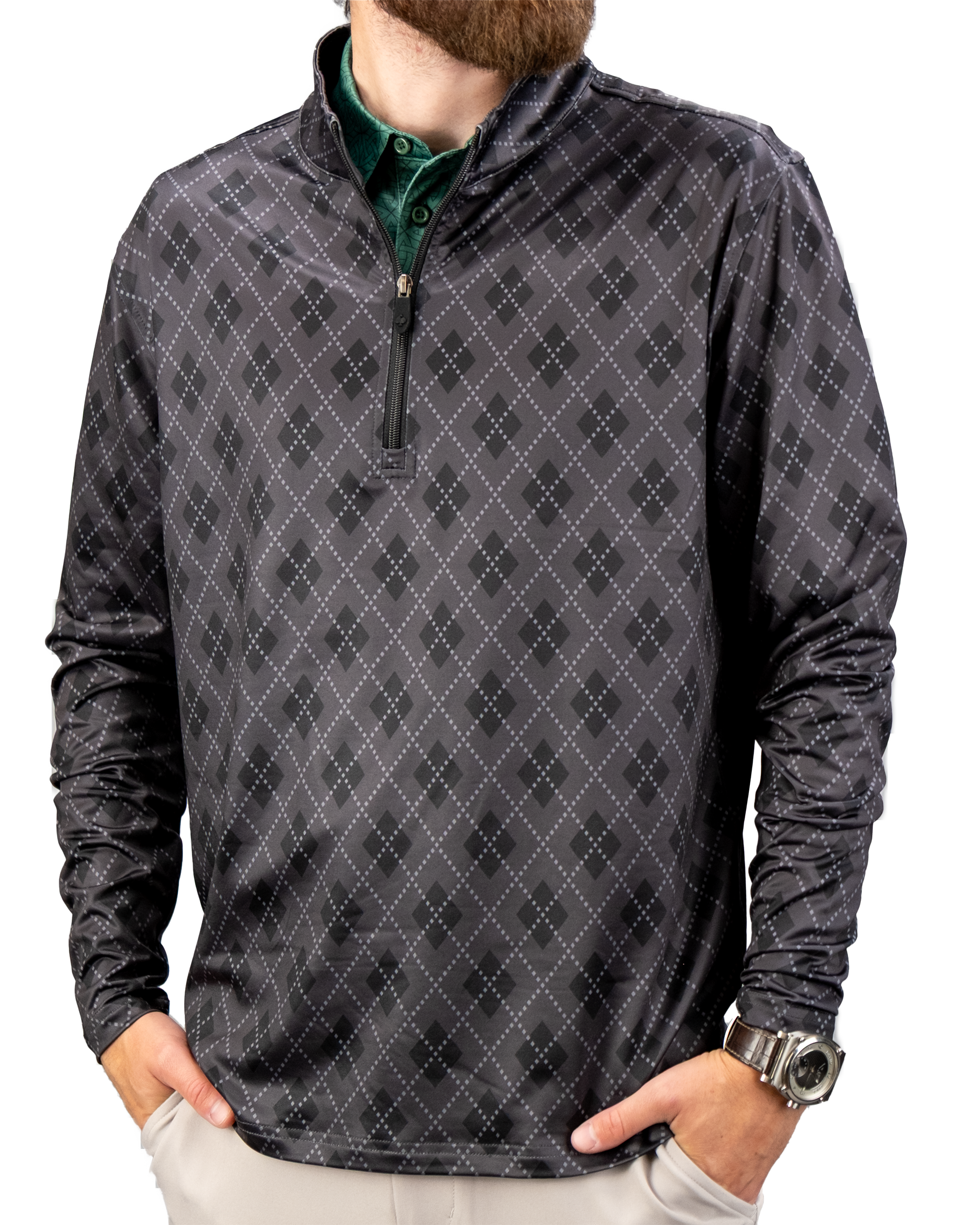 Men's London Fog pullover in black with a diamond pattern, featuring a quarter zip and long sleeves.