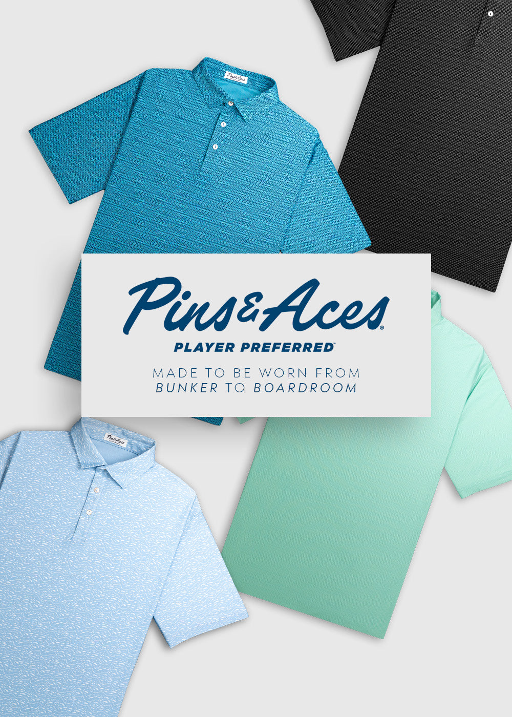 Colorful golf polo shirts in blue, black, light blue, and mint green, featuring bold patterns for standout course style.
