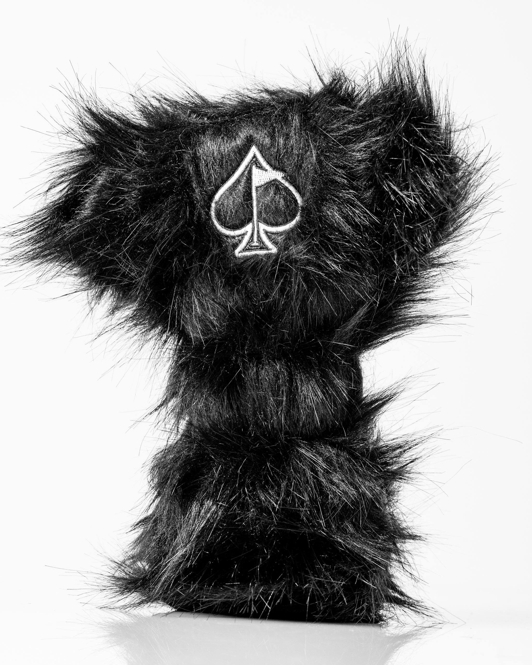 Panda headcover set featuring a fluffy black design with an embroidered spade logo, perfect for stylish golfers.