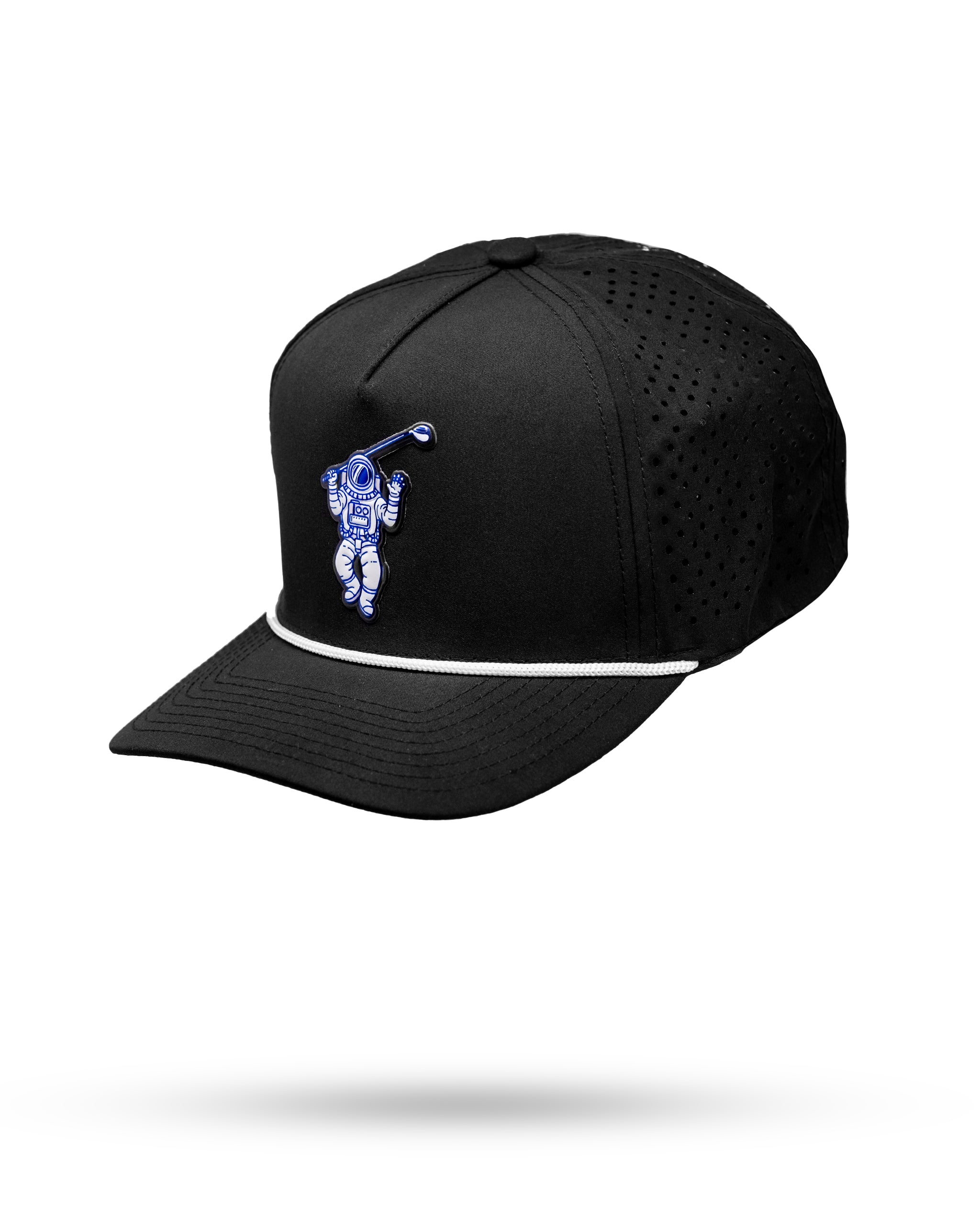 Black perforated rope hat featuring "Space Golfer" design.