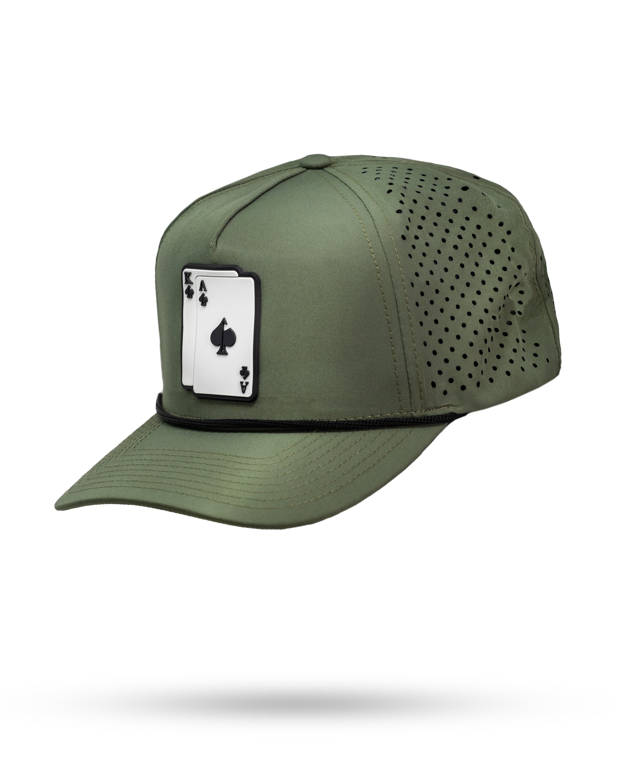 Perforated olive green rope hat with an AK patch on the front.