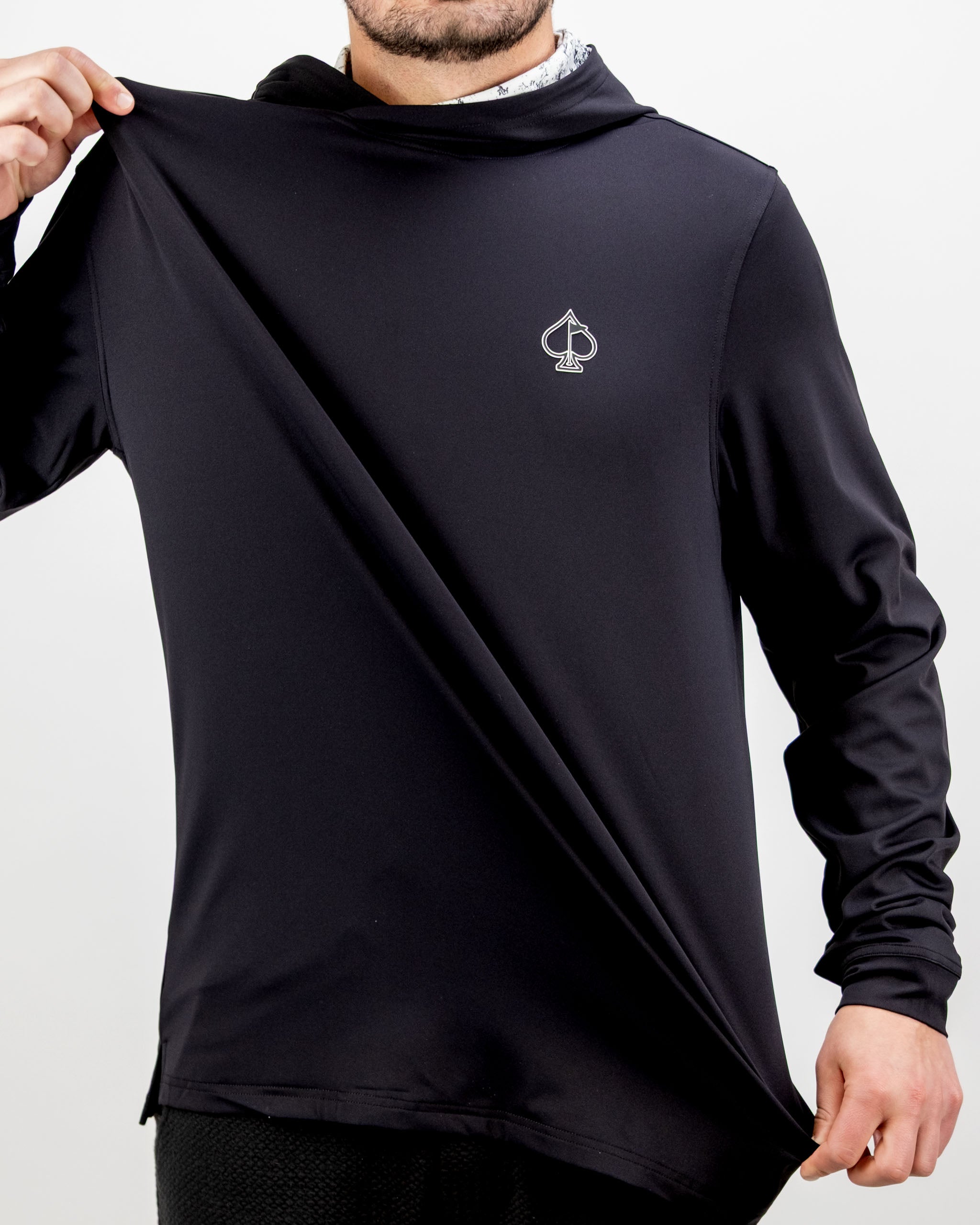 Men's performance golf hoodie in black, featuring a subtle logo on the chest, designed for comfort and style on the course.