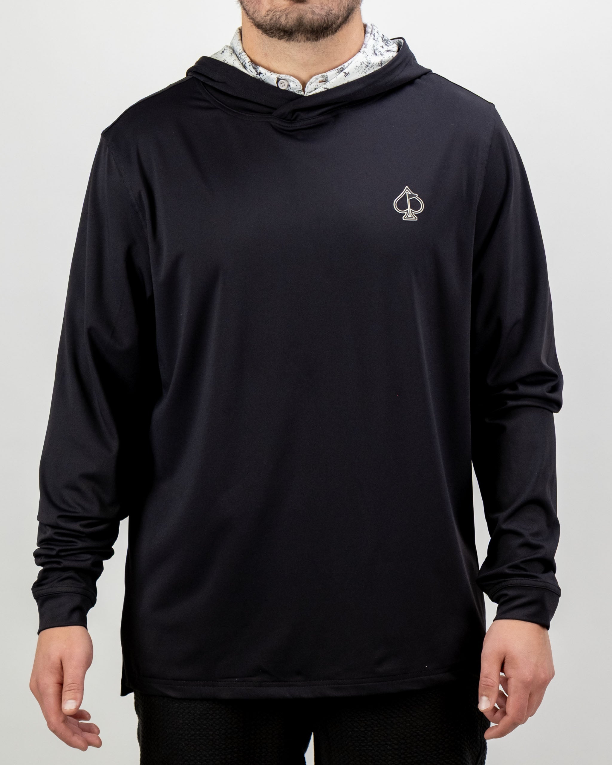 Men's performance golf hoodie in black with a sleek design and spade logo, ideal for stylish comfort on the course.