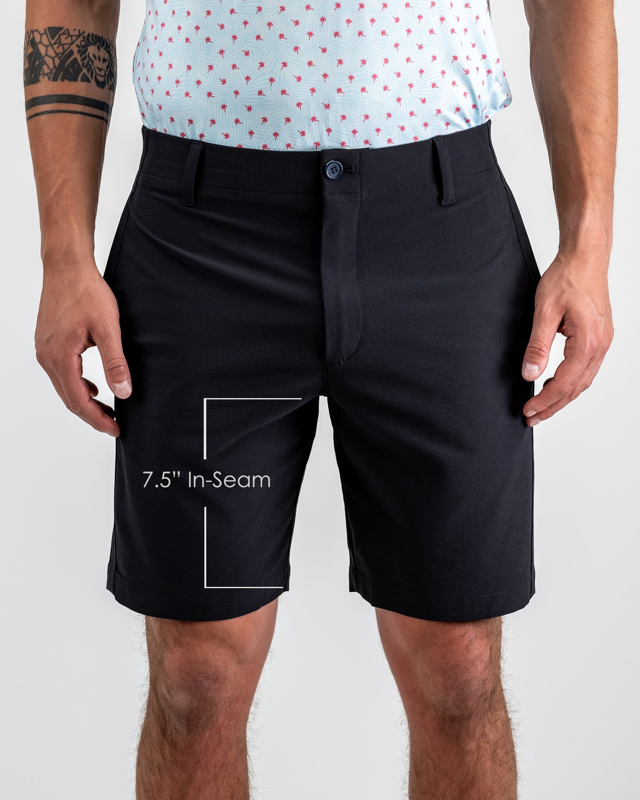 Black golf shorts with 7.5" inseam, featuring a clean, tailored look perfect for bold golf apparel enthusiasts.
