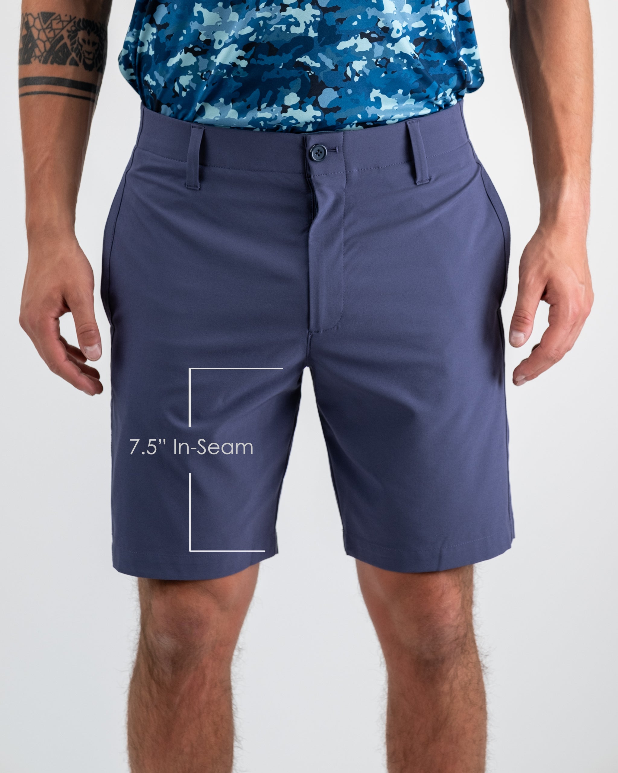Men's navy golf shorts with 7.5" inseam, flat-front design, and tailored fit for bold, stylish golf apparel.