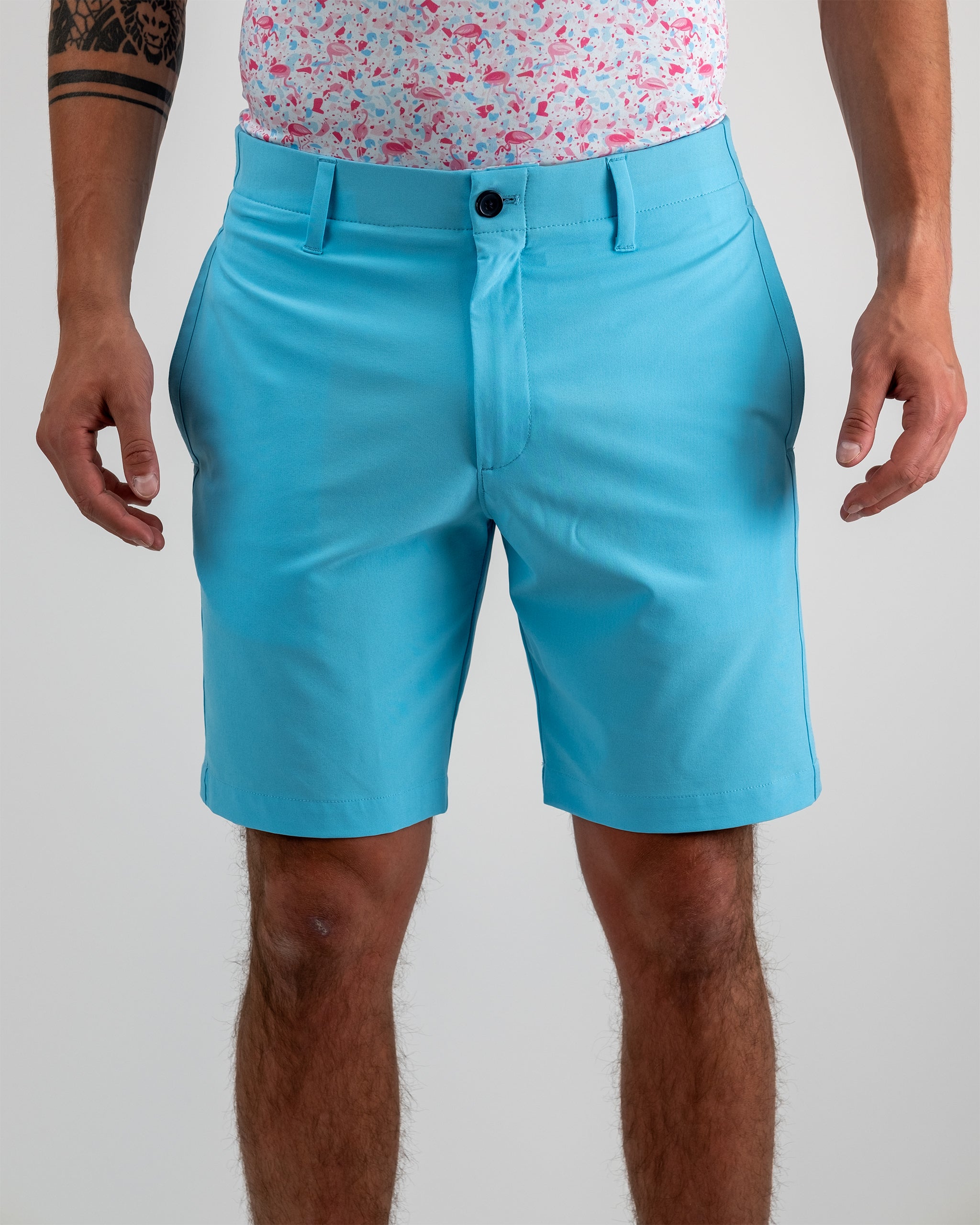 Sky blue performance shorts for men, featuring a comfortable fit and lightweight fabric.