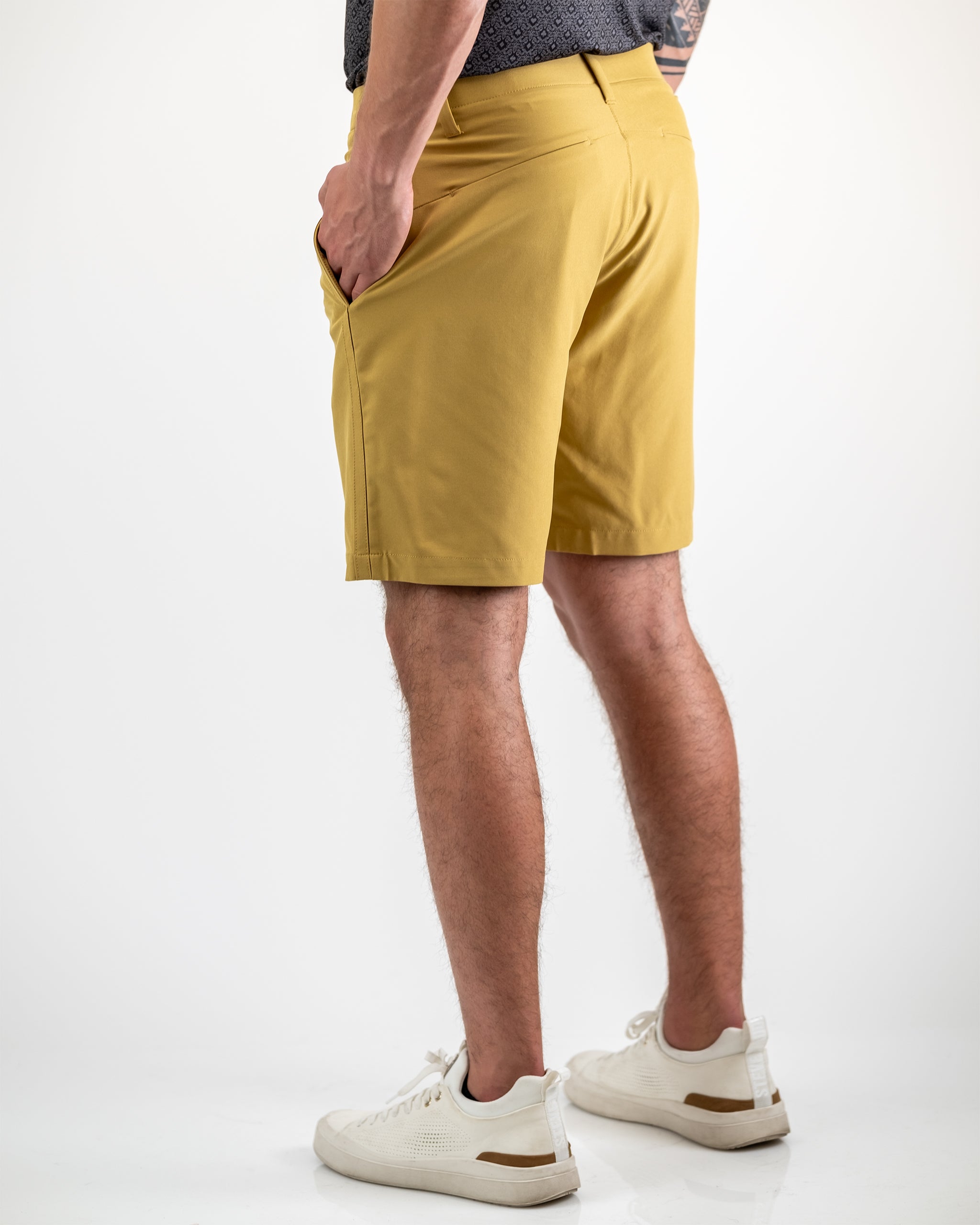 Men's performance shorts in Dune color, featuring a lightweight, breathable design ideal for athletic activities.