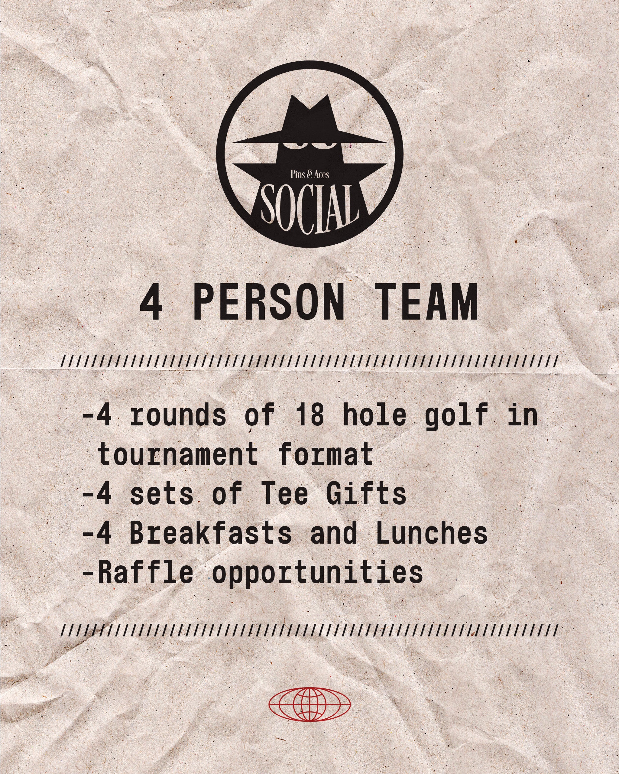 Promotional flyer for Pins and Aces Social Golf Tournament featuring details about team format, rounds, gifts, meals, and raffles.