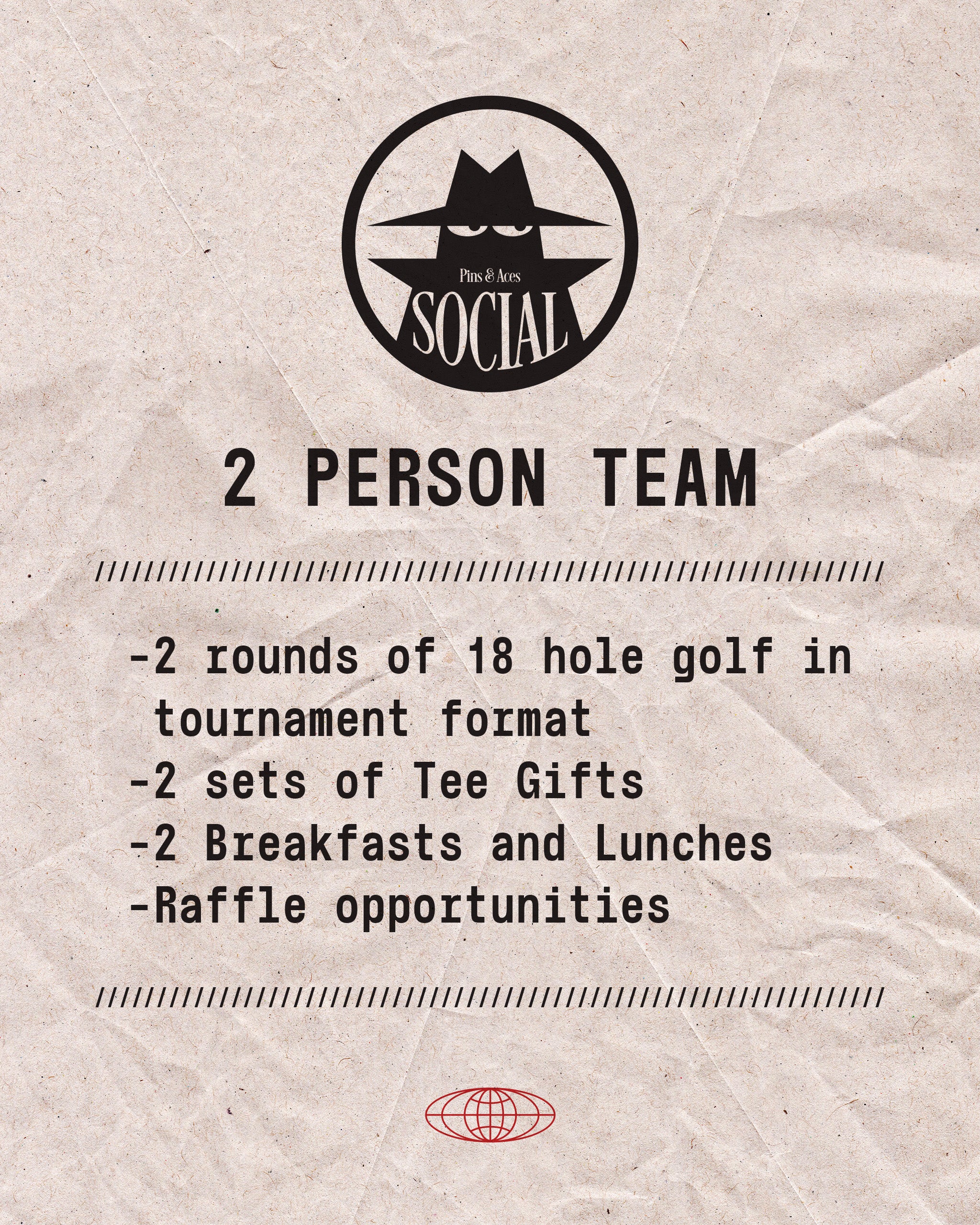 Promotional flyer for Pins and Aces Social Golf Tournament featuring event details for a two-person team format.