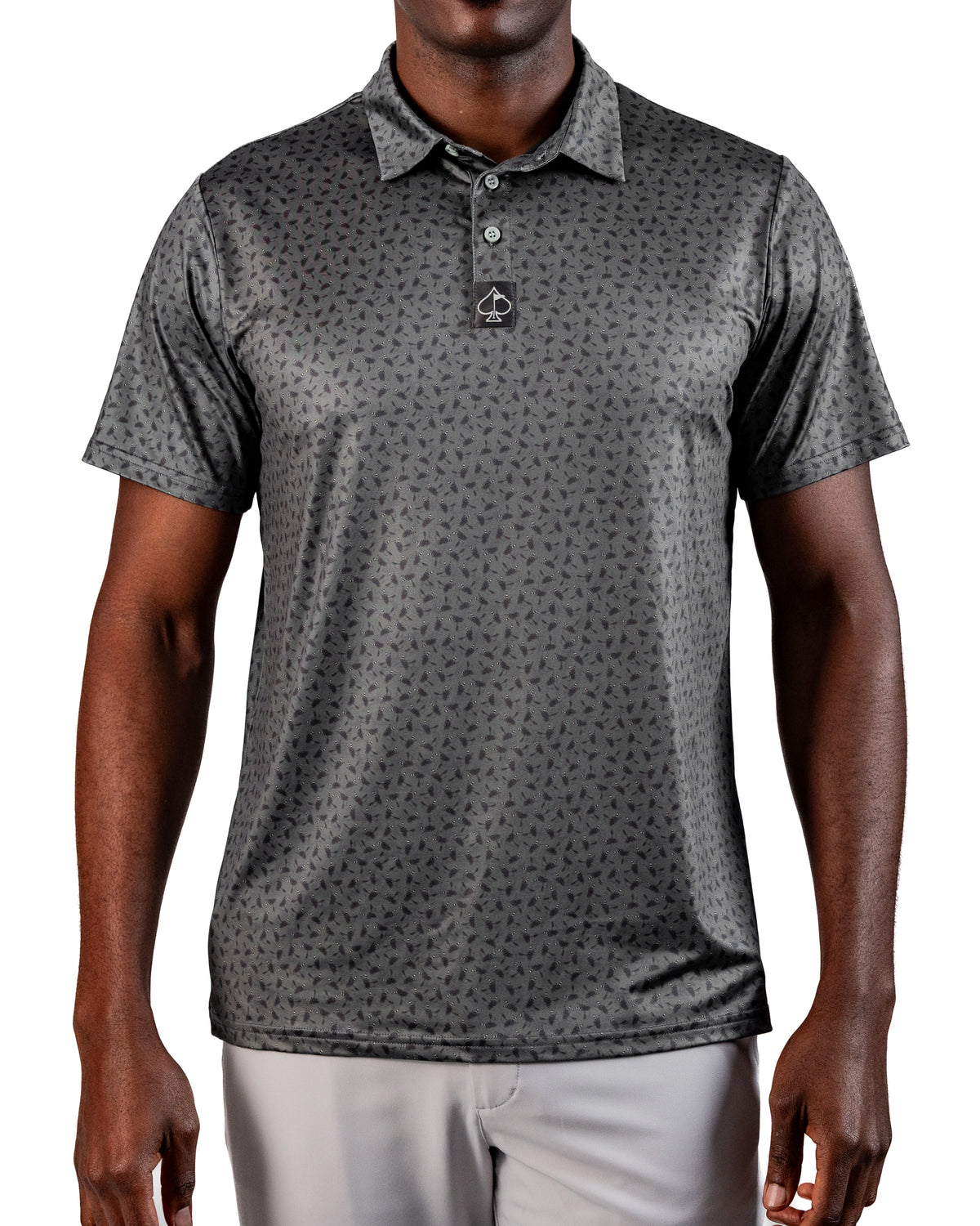 Men's short-sleeve golf polo in gray with a subtle fly pattern, designed for comfort and style on the course.
