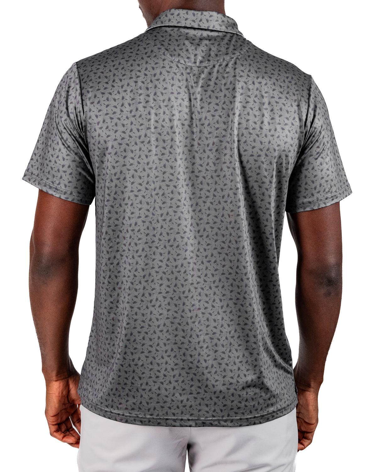Men's Dry Fly golf shirt featuring a stylish gray pattern, designed for comfort and performance on the course.