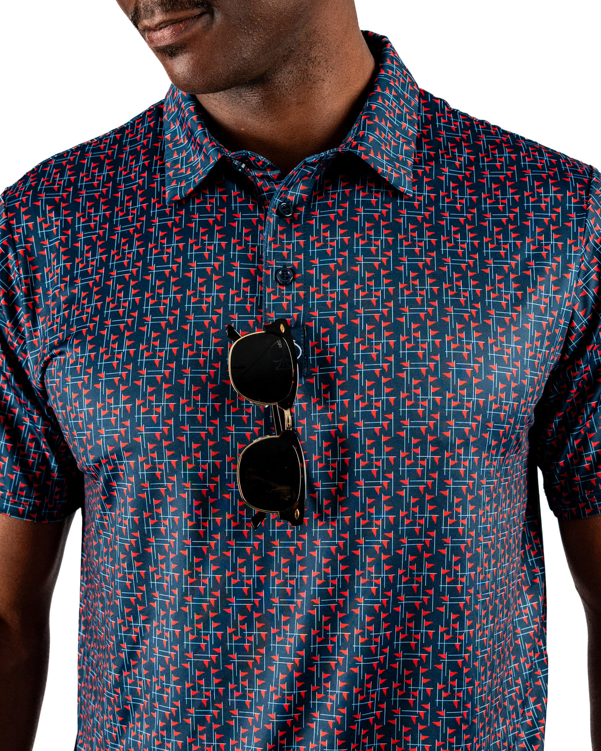 Men's golf polo featuring a bold USA flag stick pattern, perfect for stylish performance on the course.