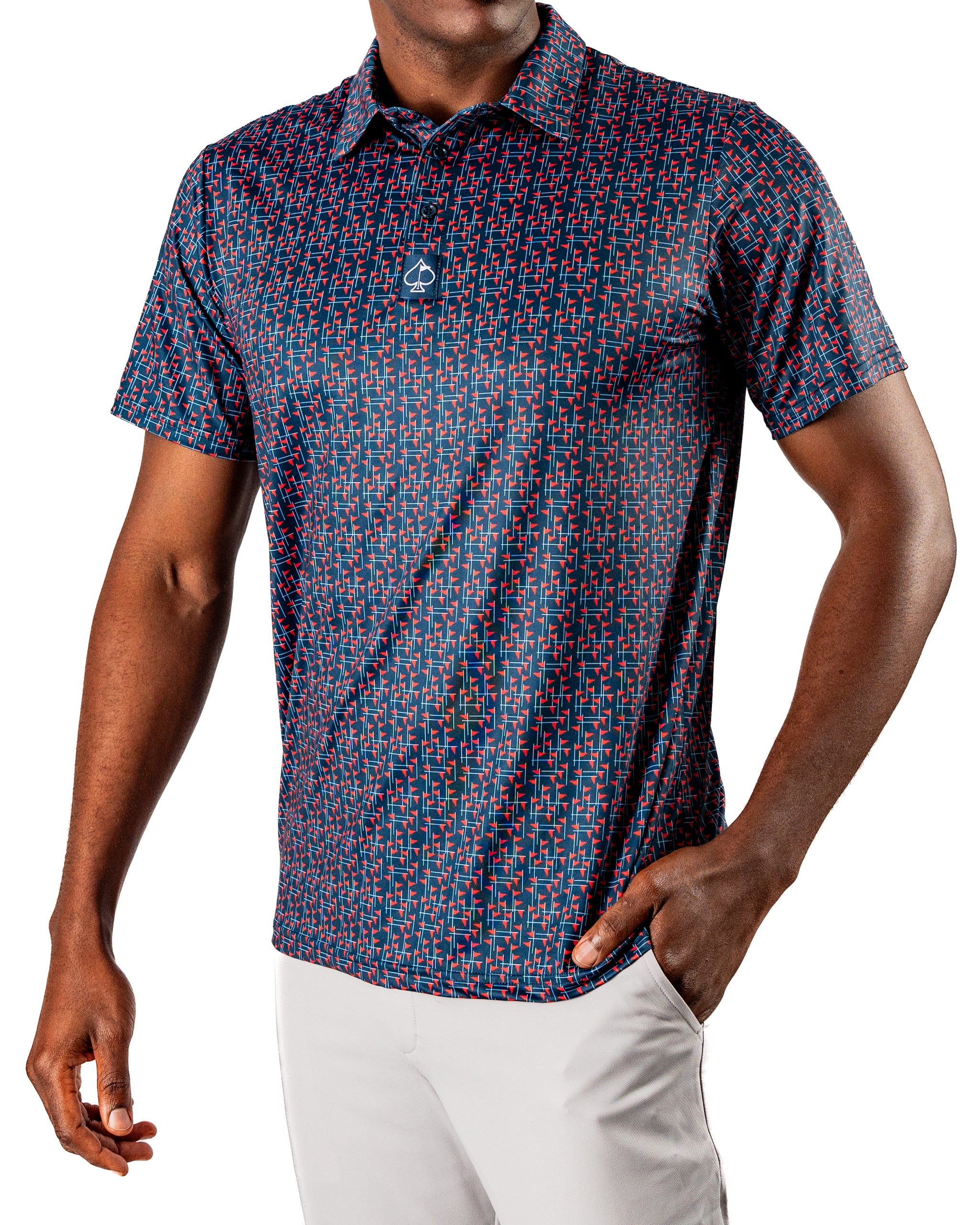 Men's golf shirt featuring a bold USA flag stick pattern, designed for style and performance on the course.