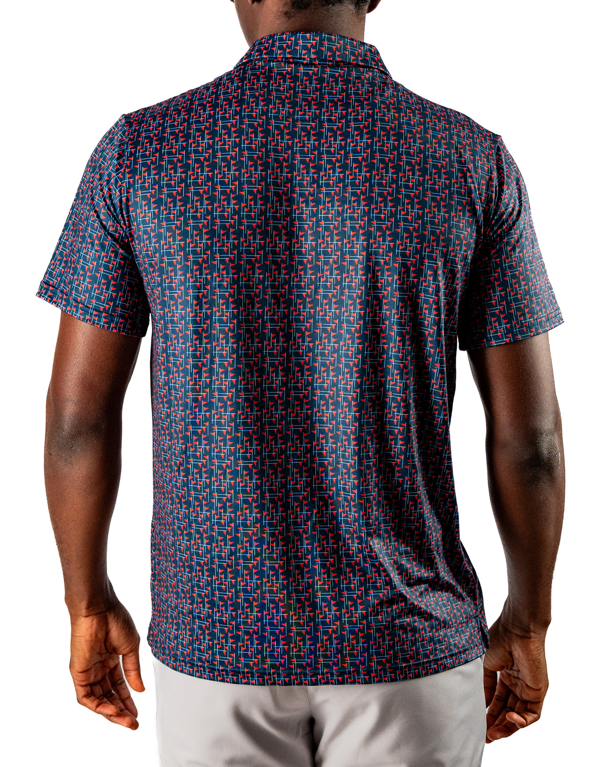 Men's golf shirt featuring a bold, colorful pattern inspired by the USA flag, perfect for stylish performance on the course.