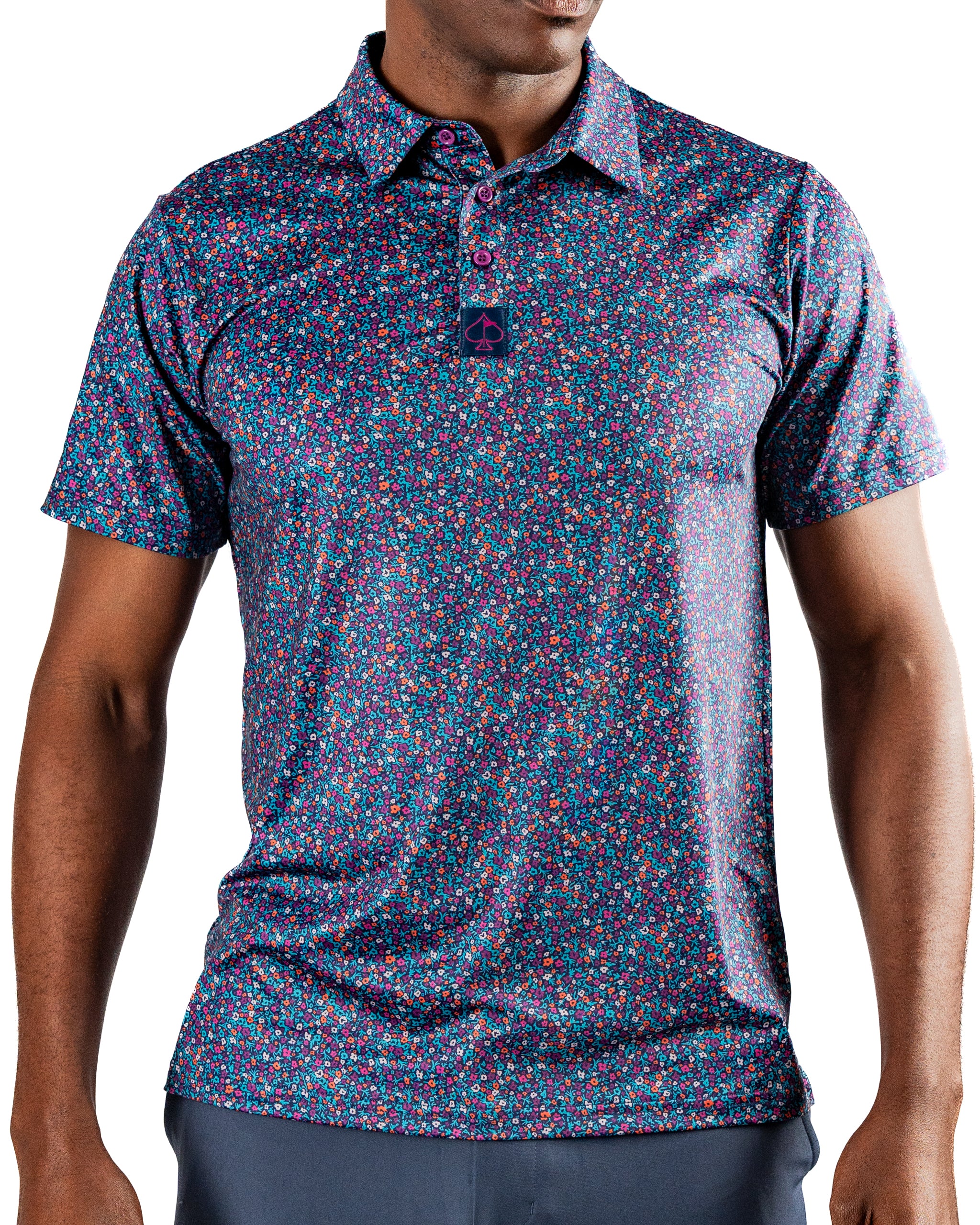Men's golf polo featuring a vibrant lavender floral pattern, designed for a stylish and bold look on the course.