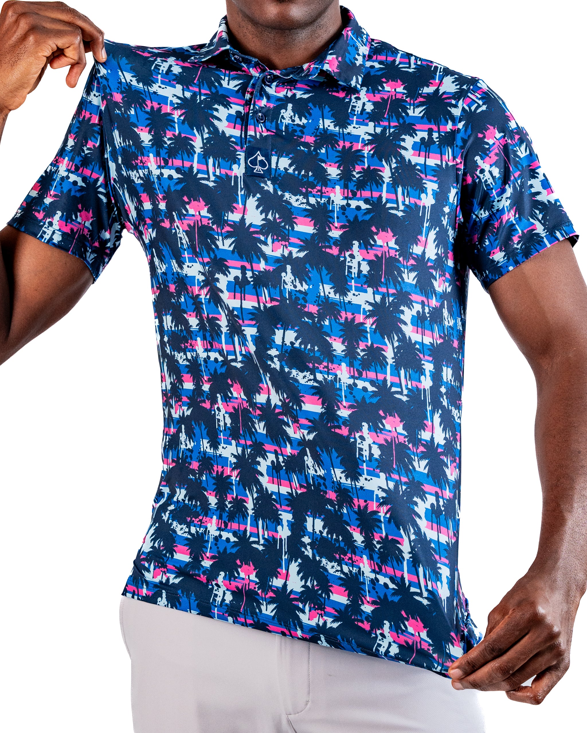 Bold golf polo featuring a vibrant palm tree pattern in blue, pink, and white, perfect for stylish golfers.