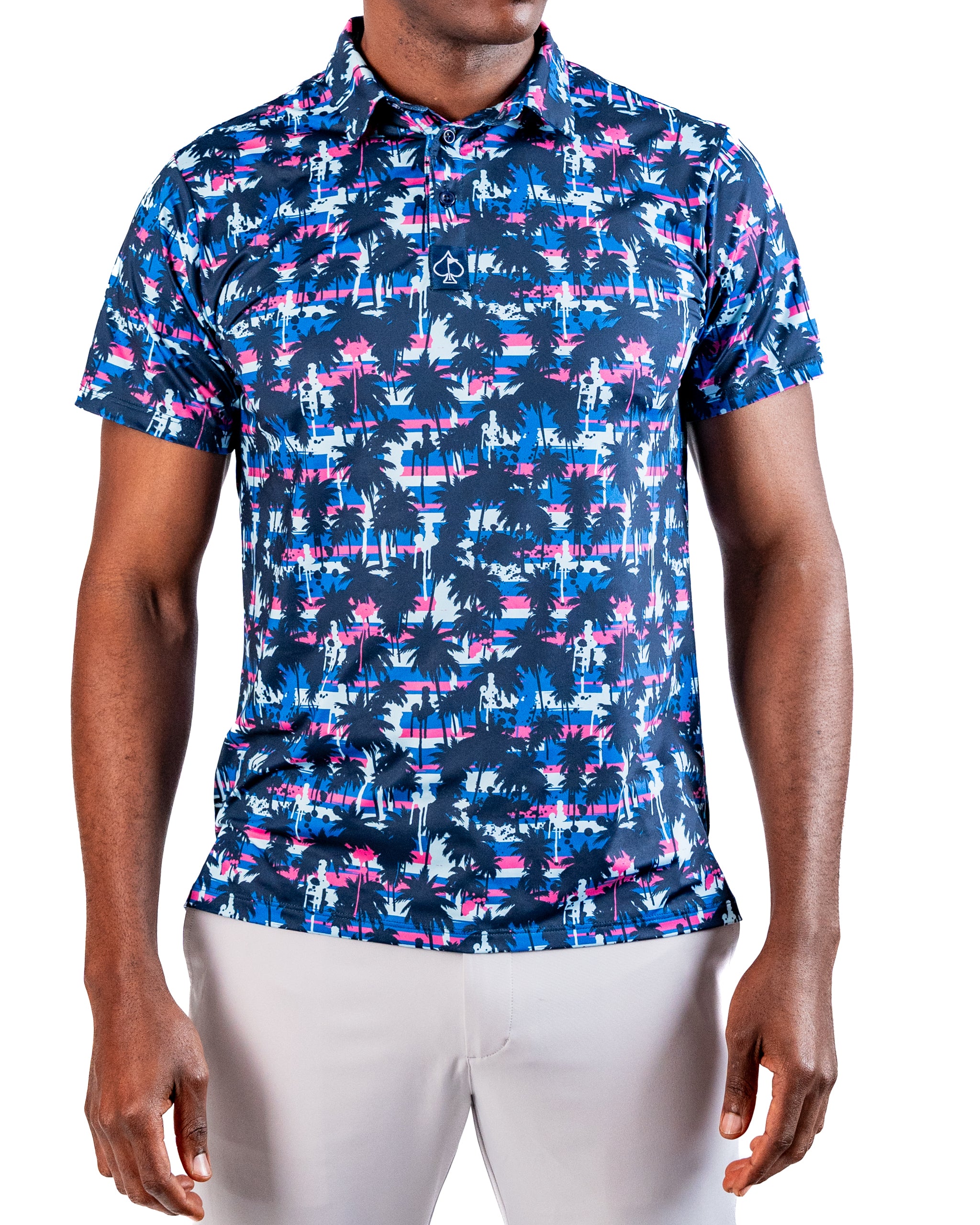 Bold golf polo shirt featuring a vibrant palm tree and sunset pattern in blue, pink, and white tones. Perfect for stylish golfers.