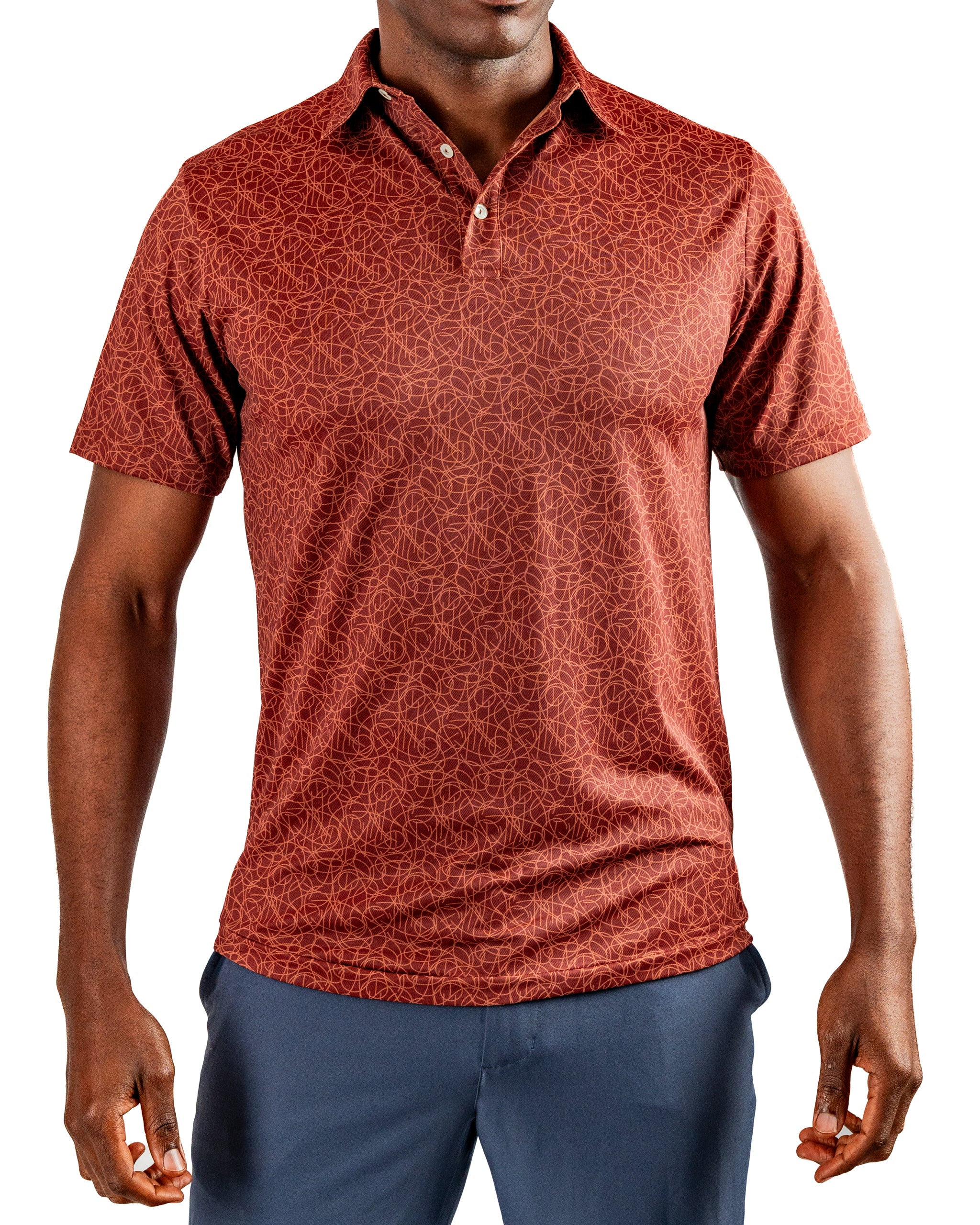 Men's short-sleeve golf shirt in a bold red pattern, designed for comfort and style on the course.