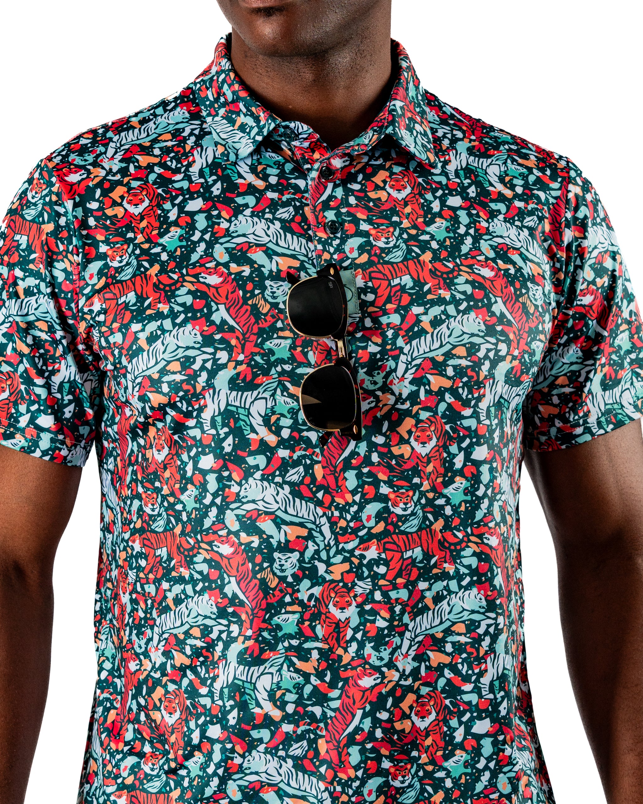 Bold teal golf shirt featuring a vibrant tiger and floral pattern, perfect for golfers looking to make a statement on the course.