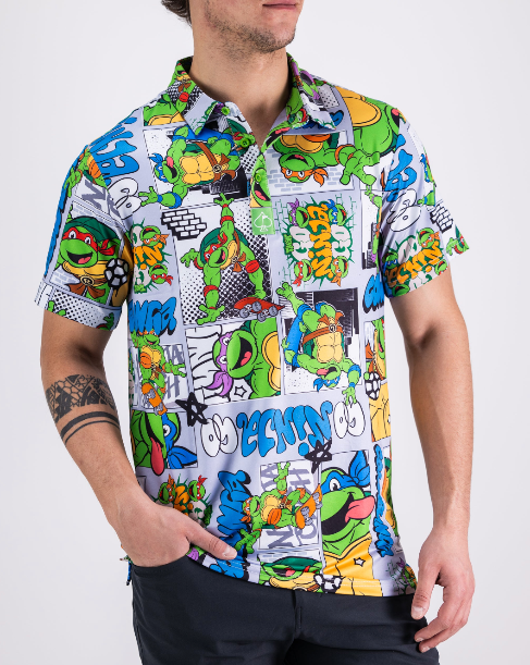 Colorful TMNT comic strip shirt featuring vibrant graphics of the Teenage Mutant Ninja Turtles in various poses.