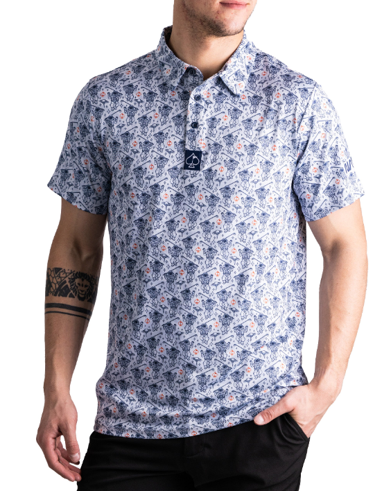 Gray polo shirt featuring a NASA Space Walker print, designed for golfers who want to showcase their unique style on the course.
