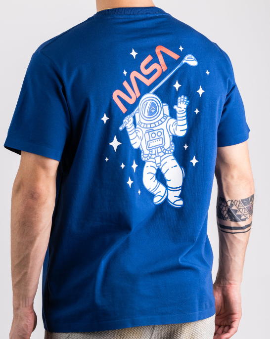 Navy blue NASA tee shirt featuring an astronaut swinging a golf club with stars in the background.