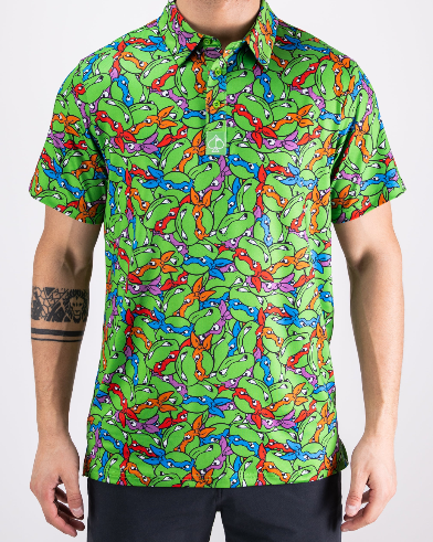 Bold green golf shirt featuring a vibrant Teenage Mutant Ninja Turtles design, perfect for standout style on the course.