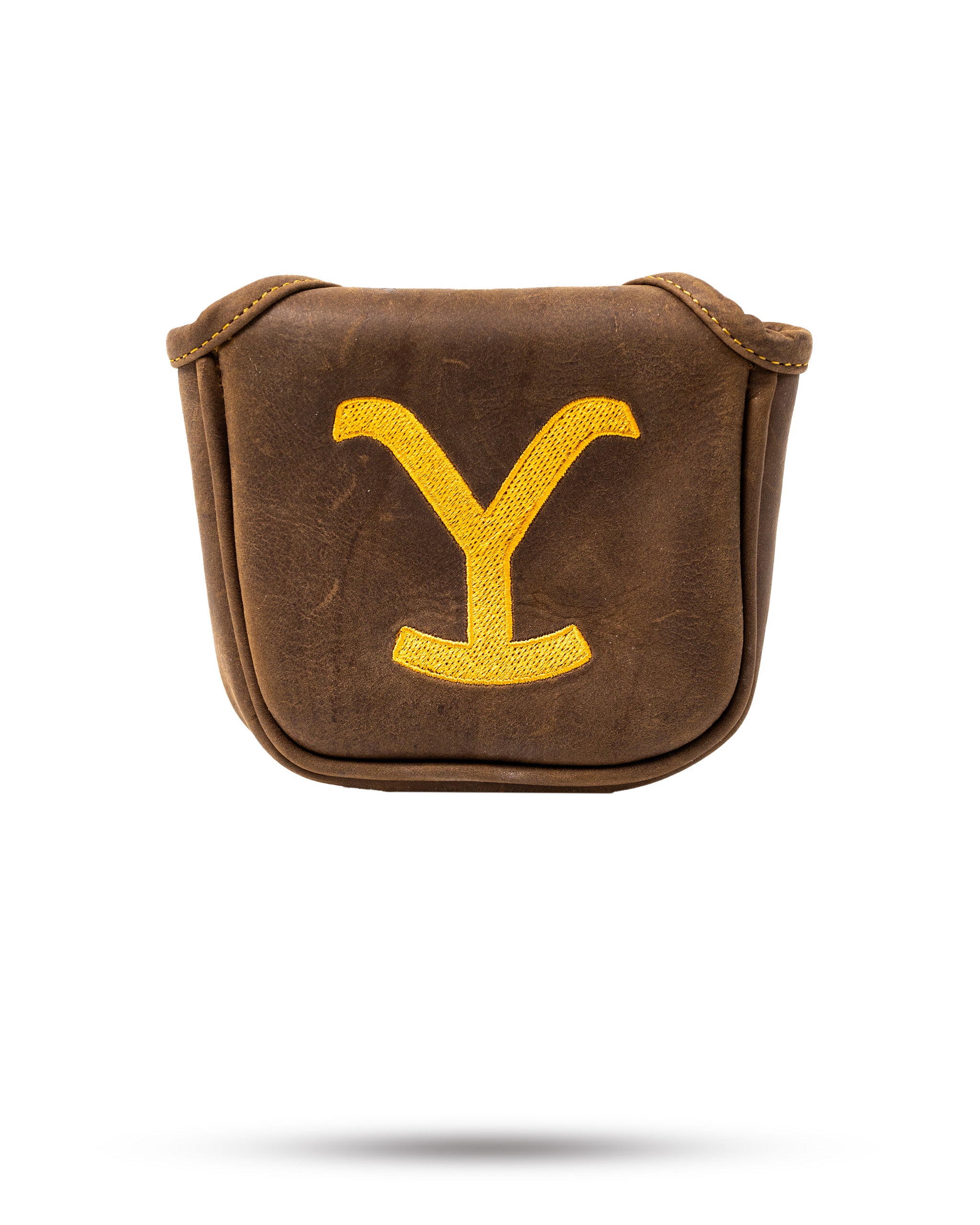 Yellowstone mallet putter cover in brown leather featuring a bold yellow embroidered logo, designed for stylish golfers.