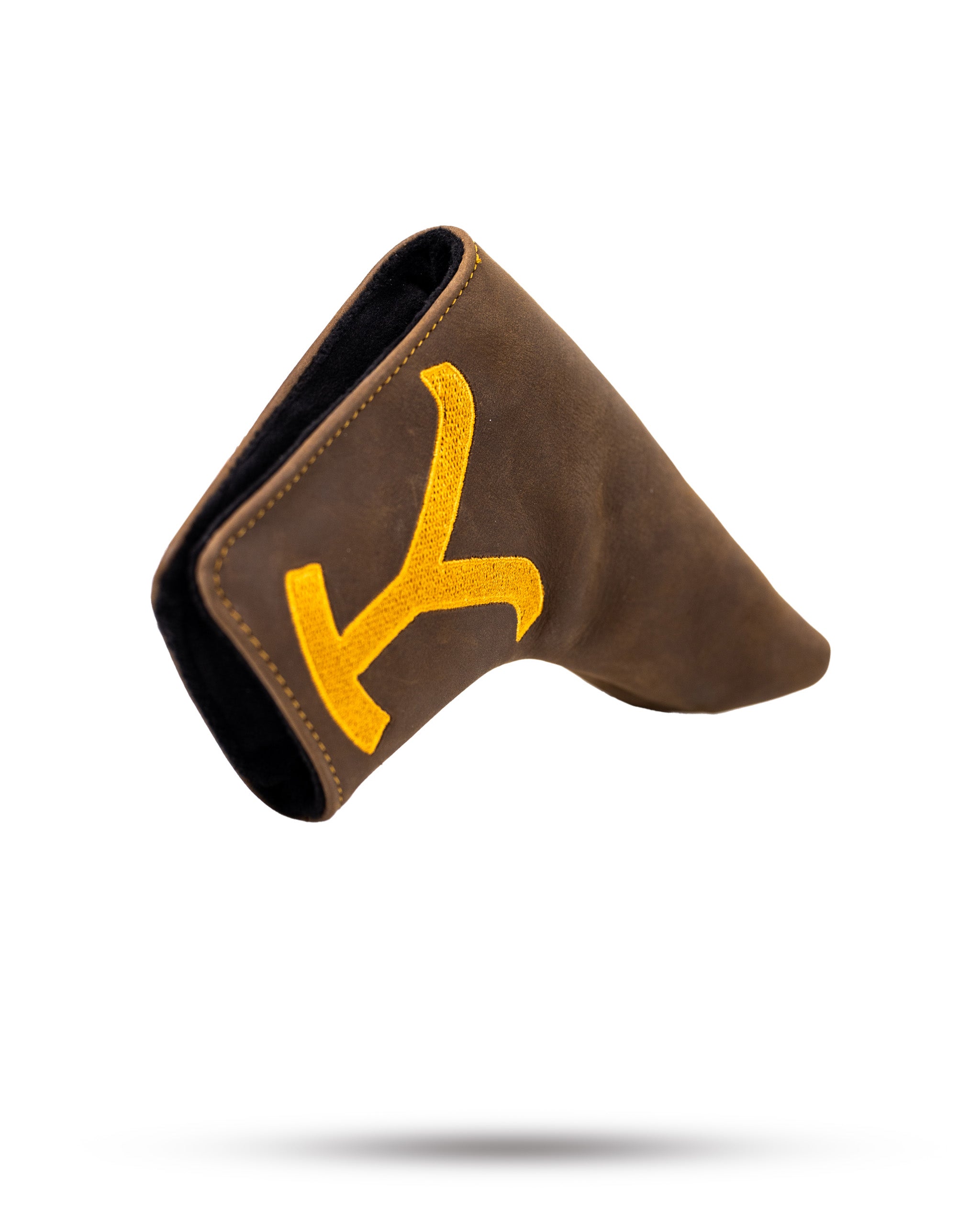 Yellowstone blade putter cover in brown leather with a bold yellow logo, designed for stylish golf protection.