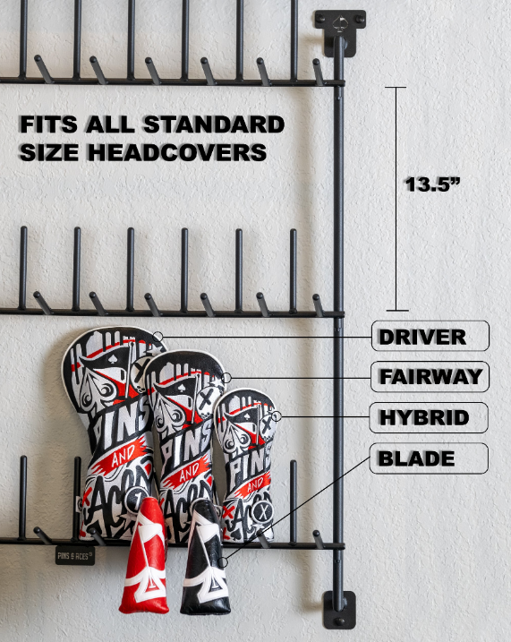 Headcover rack displaying three bold headcovers labeled for driver, fairway, hybrid, and blade, designed for standard sizes.