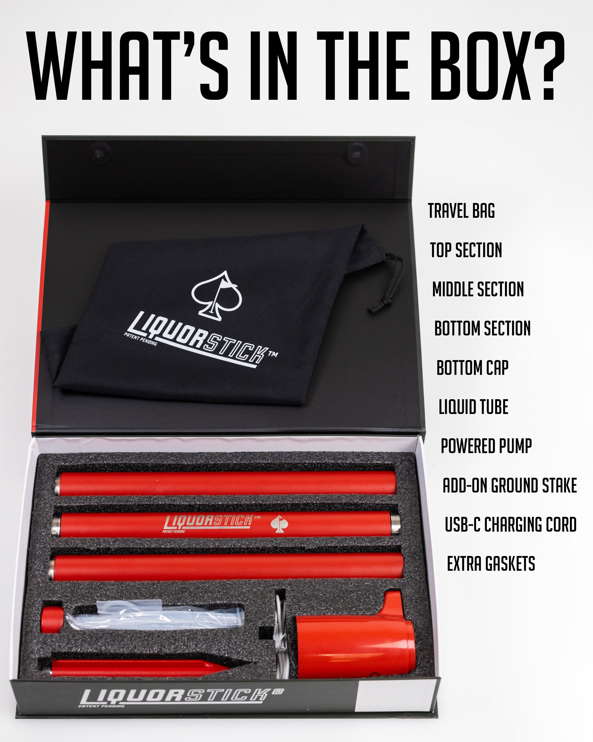 LiquorStick® 2.0 in red, featuring a sleek design and a logo, ideal for cocktail enthusiasts.