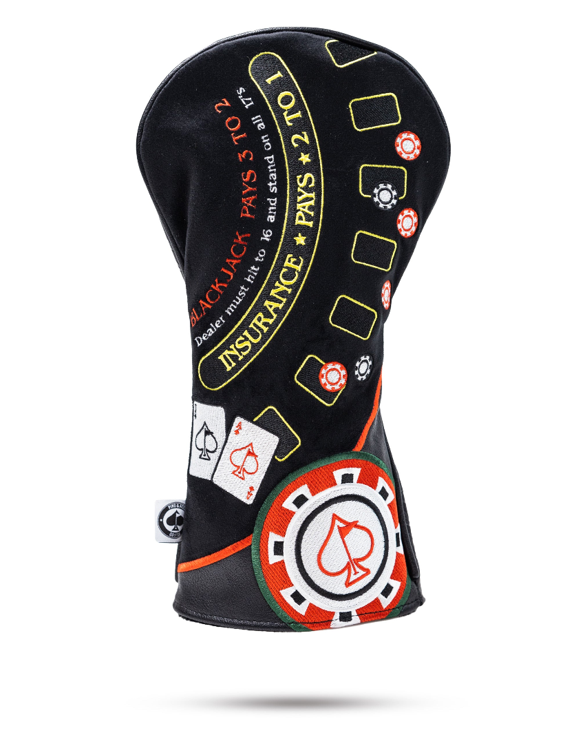 Bold blackjack-themed driver cover featuring vibrant graphics and text, perfect for golfers who want to stand out on the course.