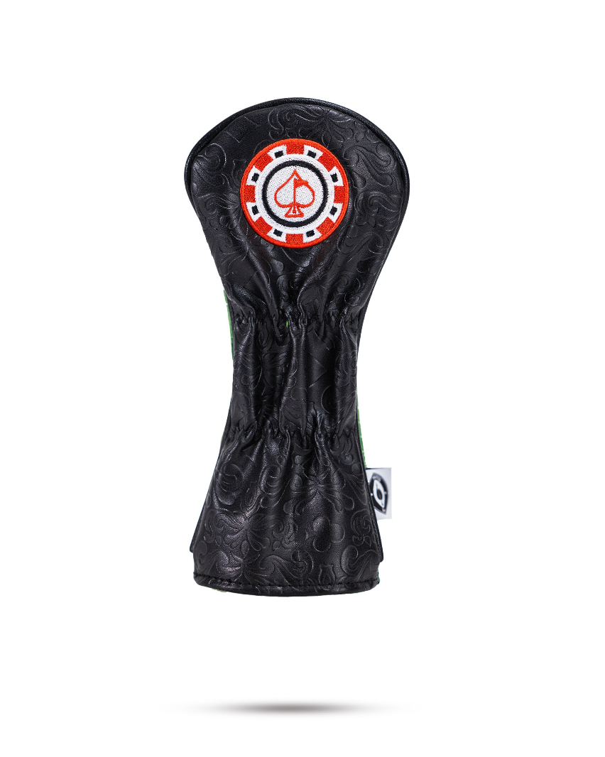 Bold black hybrid golf headcover featuring a casino-themed design with a red and white emblem, perfect for stylish golfers.