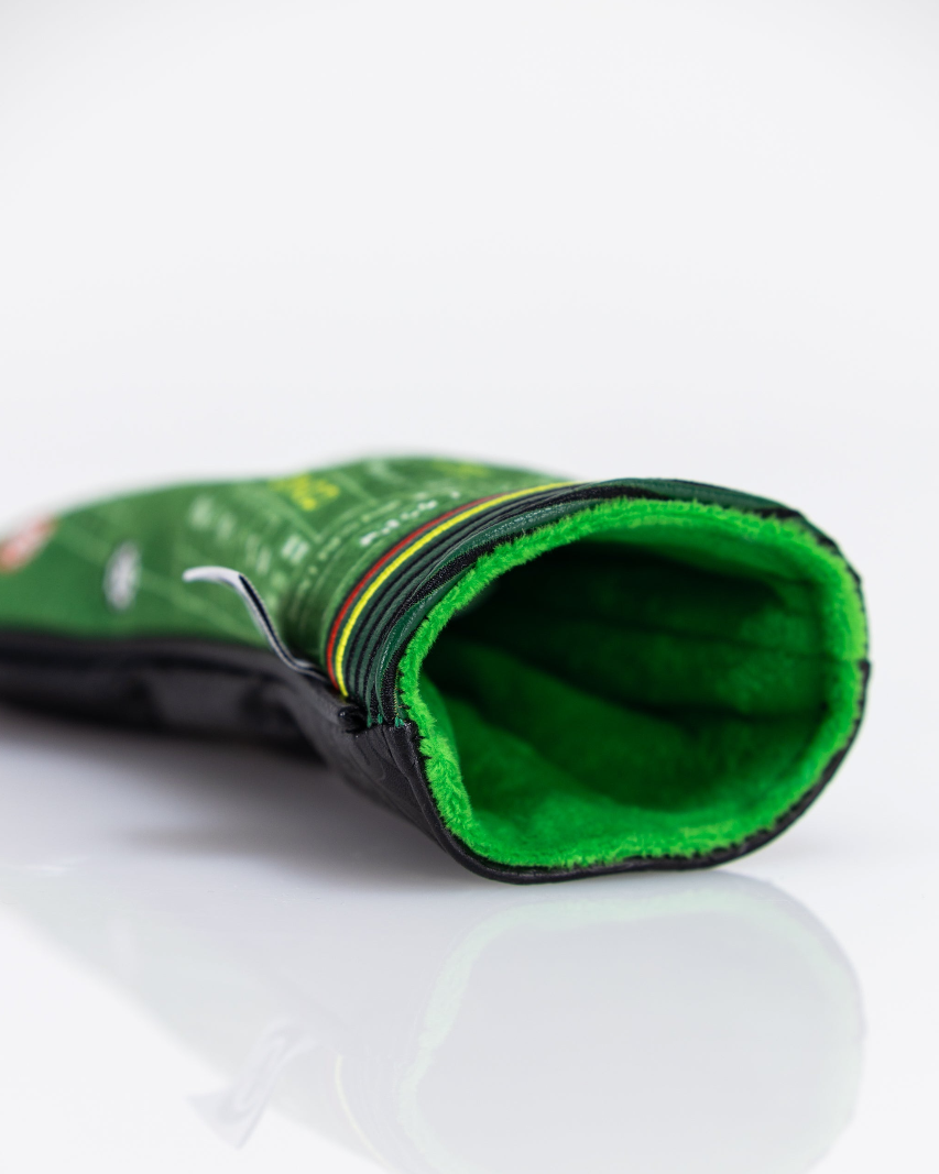 Hybrid golf club cover featuring a vibrant green design with a plush interior for optimal protection and style.