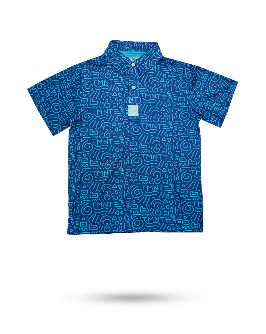 Youth TMNT Doodle golf shirt featuring a vibrant blue design with playful doodle patterns inspired by the Teenage Mutant Ninja Turtles.