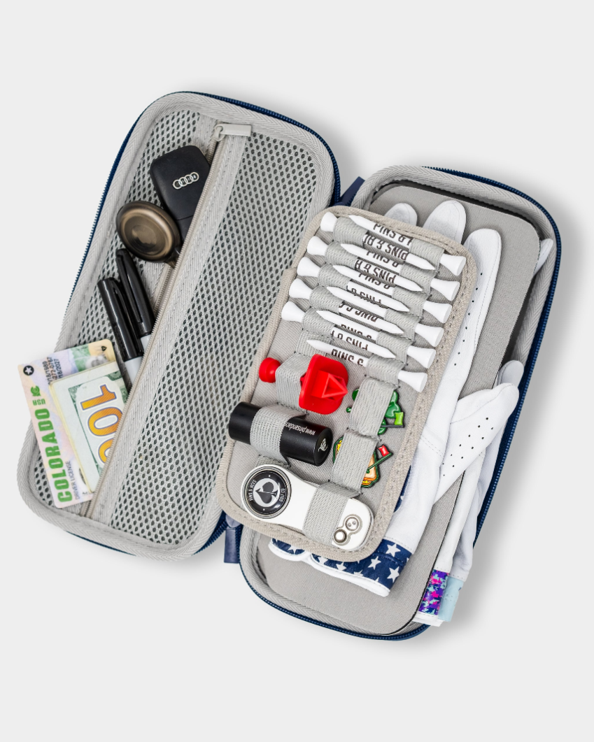 Navy glove and accessory caddie featuring organized compartments for golf gloves, tees, and personal items.