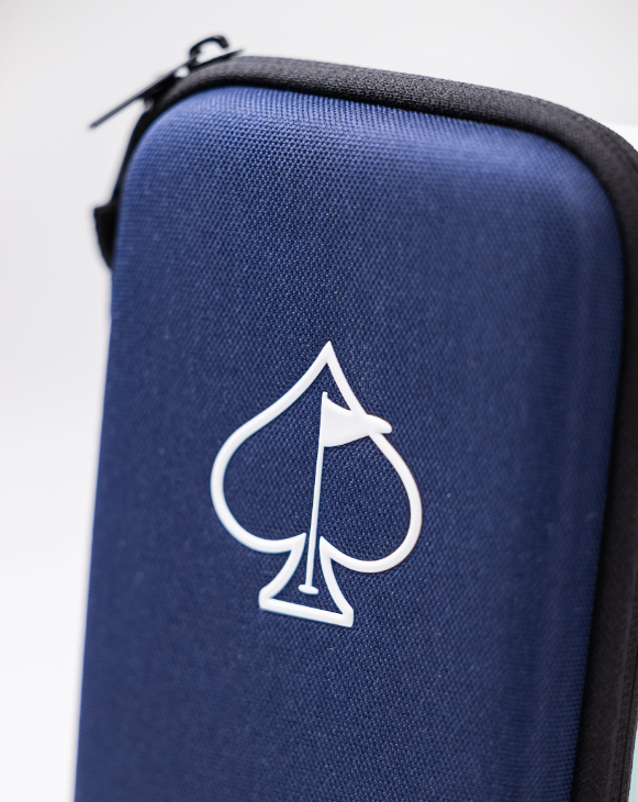 Navy glove and accessory caddie featuring a white spade logo, designed for organized golf gear storage.