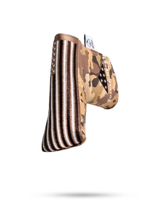 Camouflage blade putter cover featuring a patriotic design with stars and stripes, perfect for stylish golfers.