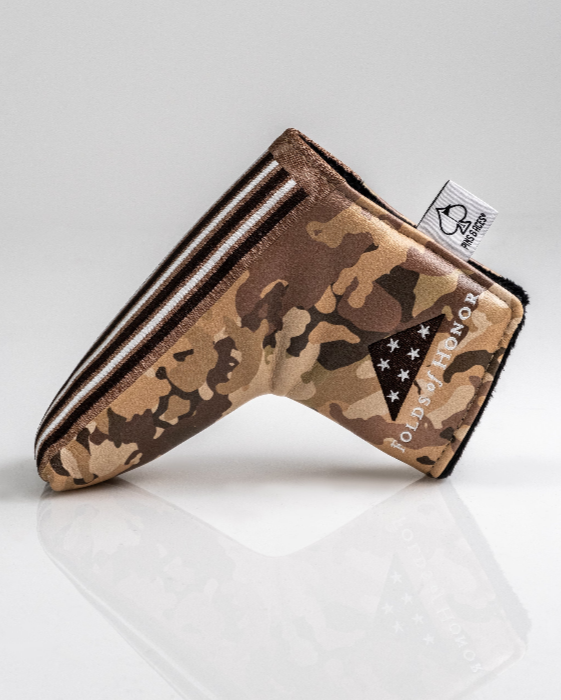 Camouflage blade putter cover featuring Folds of Honor branding, designed for golfers who want to make a statement on the course.