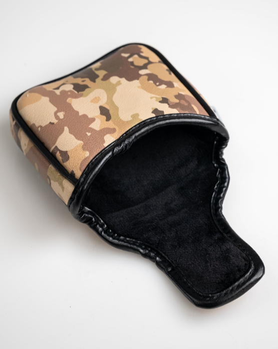 Camouflage mallet putter cover with a sleek black interior, designed for golfers seeking style and protection on the course.