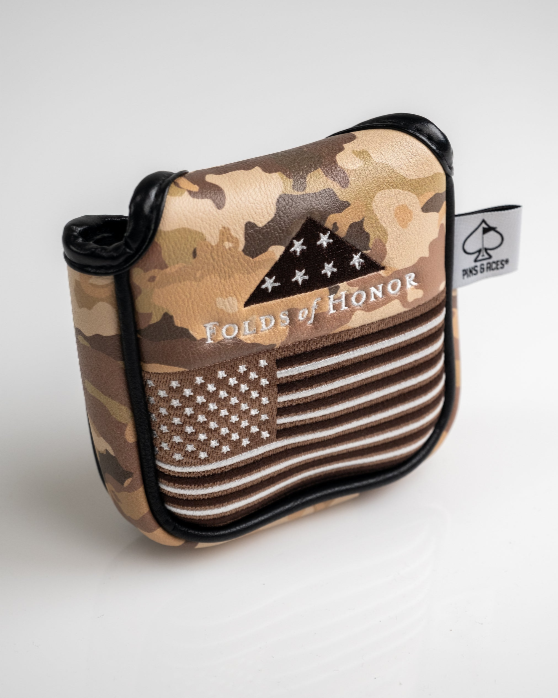 Camo-patterned mallet putter cover featuring Folds of Honor logo and American flag design for stylish golf protection.