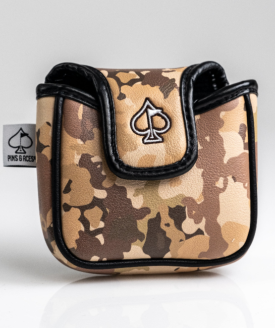 Camouflage mallet putter cover featuring a sleek design and Pins and Aces logo for stylish golf protection.