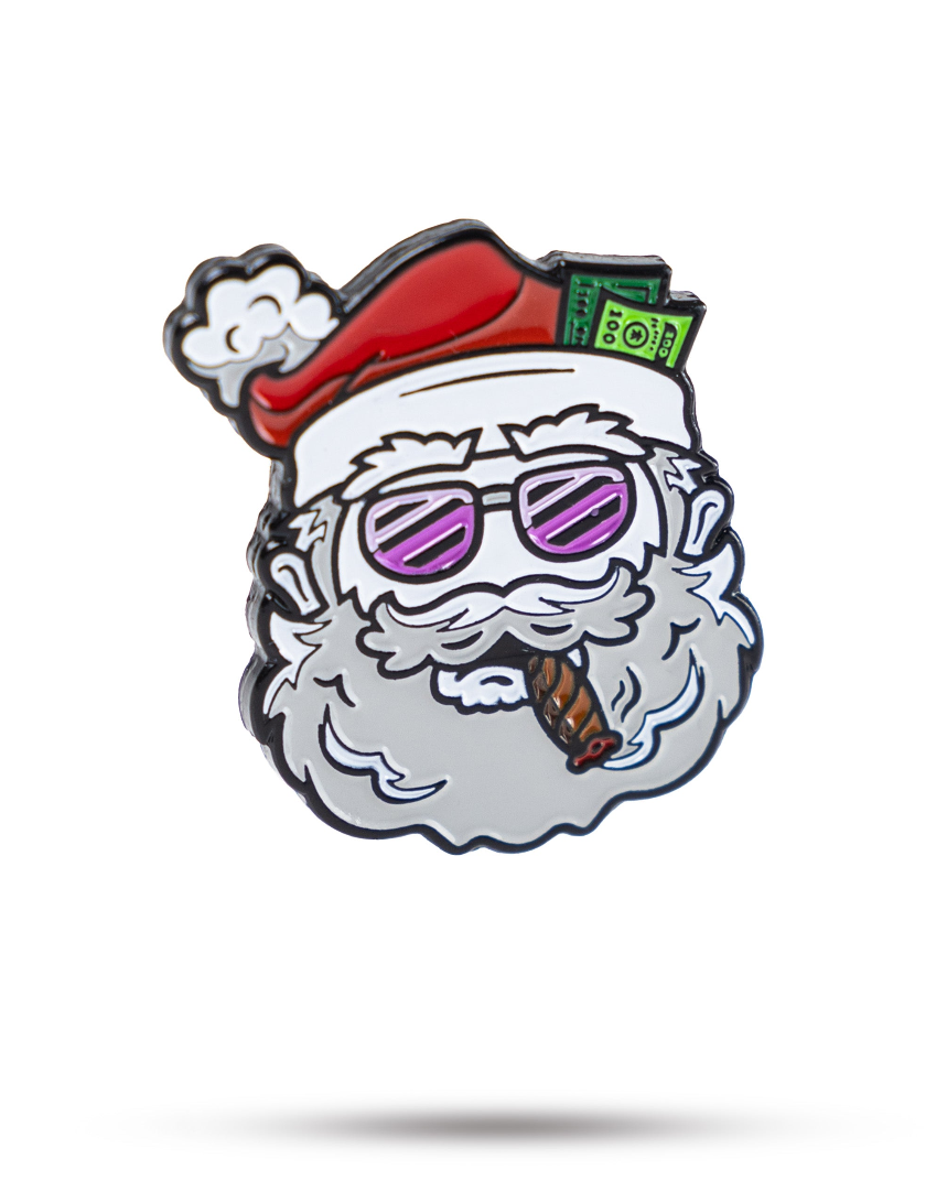 Bold Santa ball marker featuring sunglasses, a cigar, and cash, perfect for golfers who want to add a fun twist to their game.